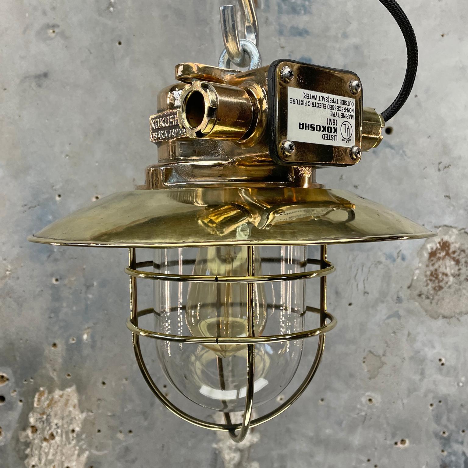 A cast bronze marine Industrial ceiling pendant lamp originating from Osaka Japan made by Kokosha who are a manufacturer of fixtures and fittings for hazardous areas within the marine industry.

These fixtures have been expertly restored with a