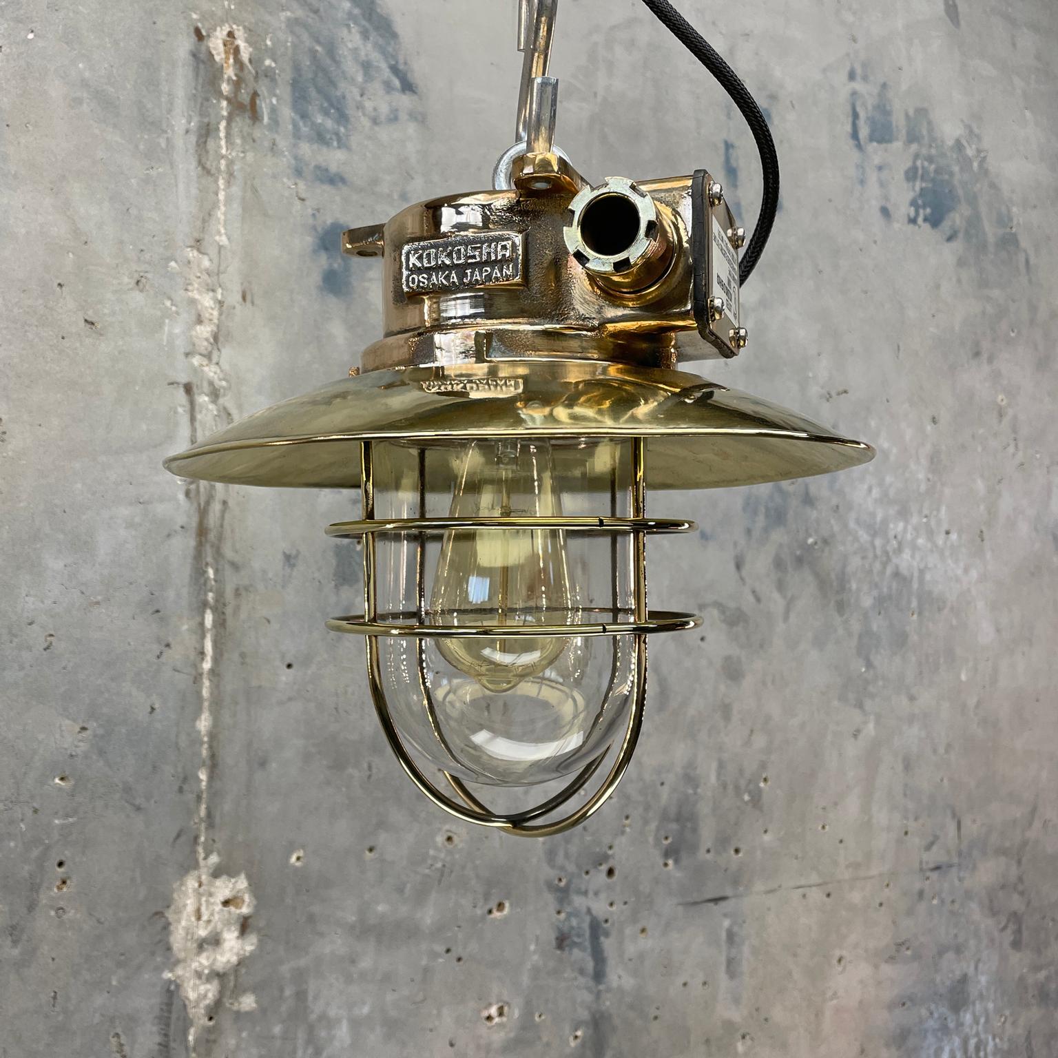 Cast 1980s Japanese Bronze Industrial Ceiling Light Brass Shade & Glass Dome U/L