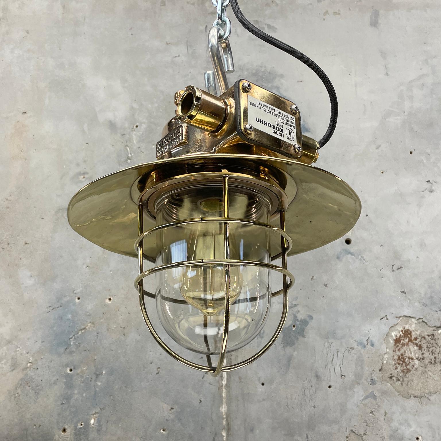 1980s Japanese Bronze Industrial Ceiling Light Brass Shade & Glass Dome U/L In Good Condition In Leicester, Leicestershire