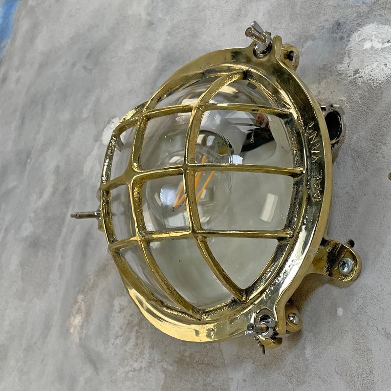 1980's Korean Brass Circular Bulkhead Light with Cast Cage and Glass Shade 8
