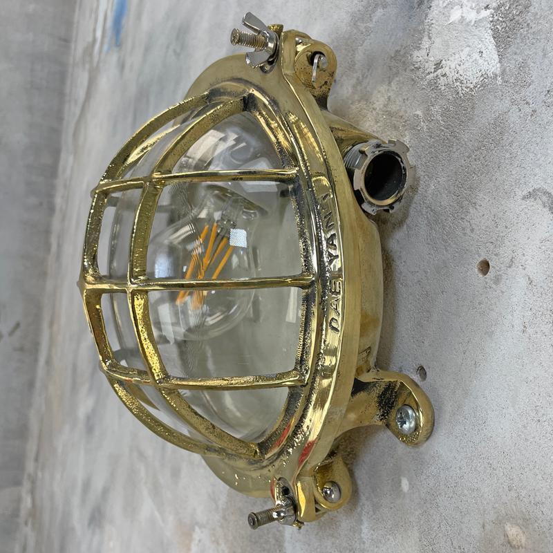 1980's Korean Brass Circular Bulkhead Light with Cast Cage and Glass Shade 9