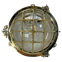 Retro 1980's Korean Brass Circular Bulkhead Light with Cast Cage and Glass Shade