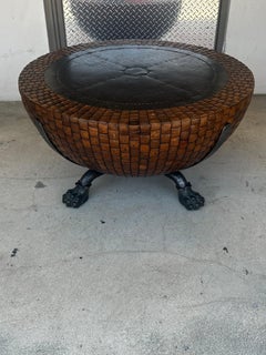 1980 Kreiss Iron Paws Coconut Wood Sculptural Drum Round Coffee Table
