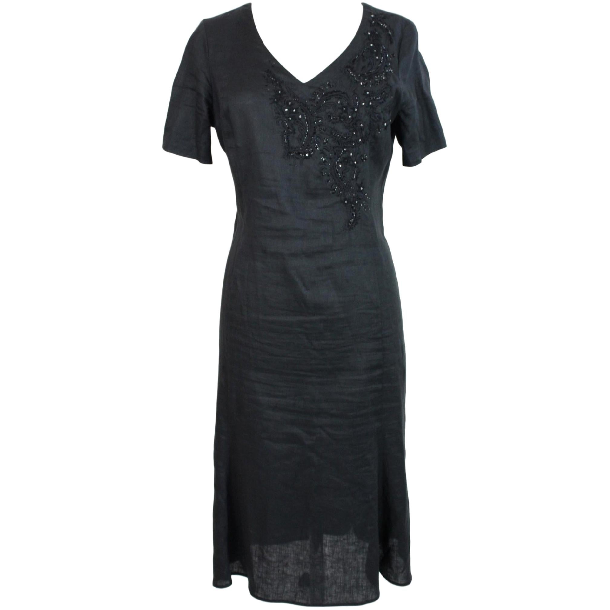1980s Krizia Black Linen Sequins Long Summer Sheath Dress 