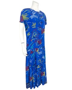 1980s Krizia Blue Silk Printed Drop Waist Dress