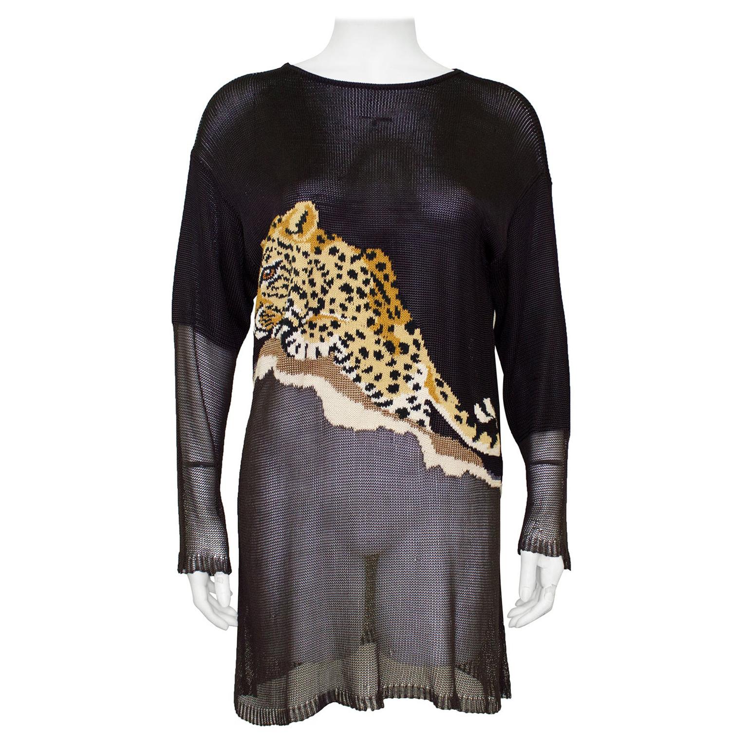 Krizia Pull tunique long en tricot marron avec léopard, années 1980  en vente
