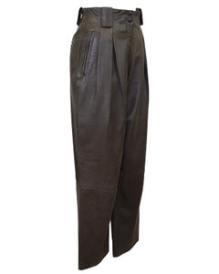 1980s Krizia Olive Green Leather Pleat Front Pants