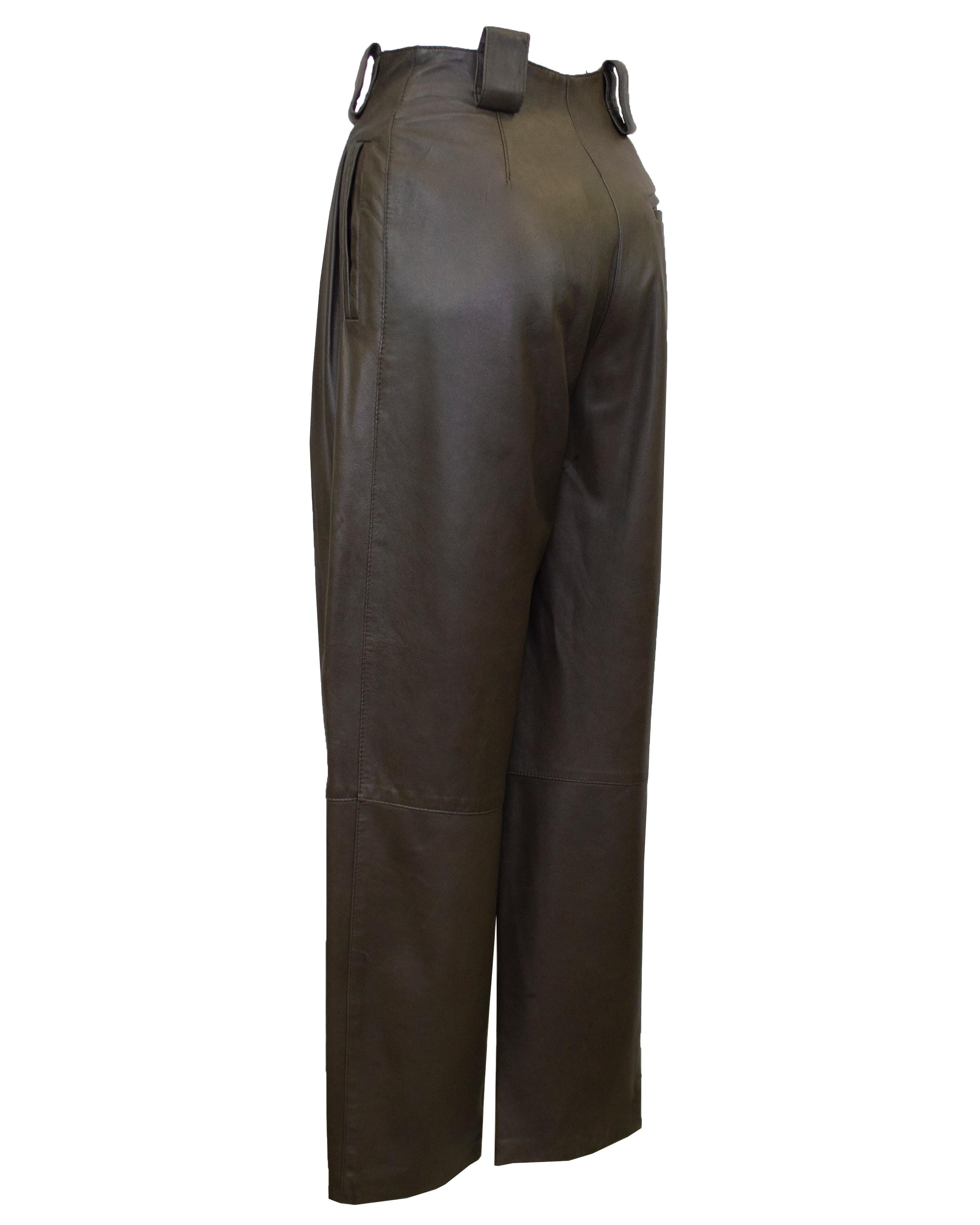 Black 1980s Krizia Olive Green Leather Pleat Front Pants 