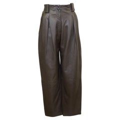 1980s Krizia Olive Green Leather Pleat Front Pants 
