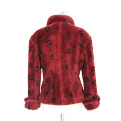 1980s Krizia Red Faux Fur Animalier Animal Footprints Short Coat Jacket
