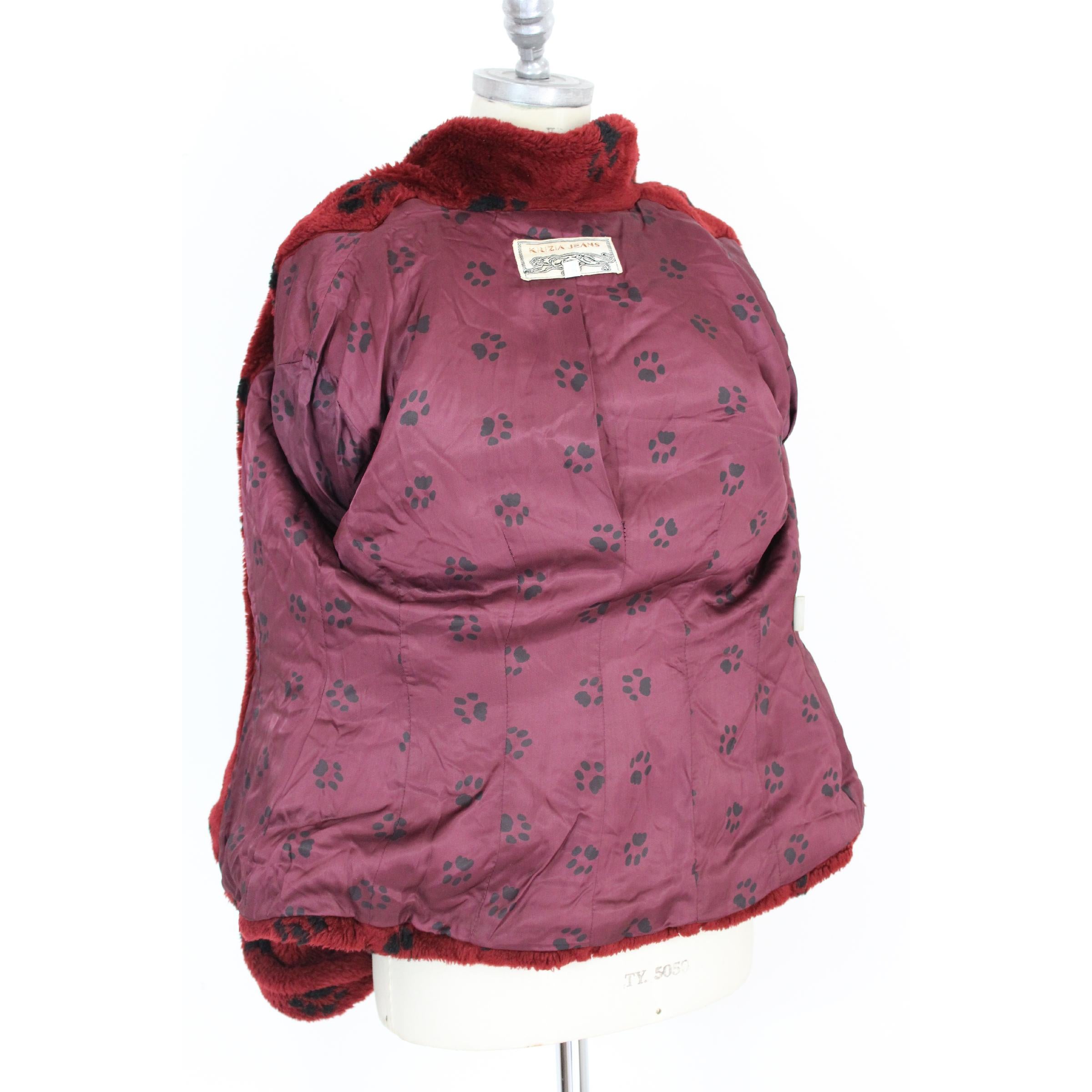 Women's 1980s Krizia Red Faux Fur Animalier Animal Footprints Short Coat Jacket