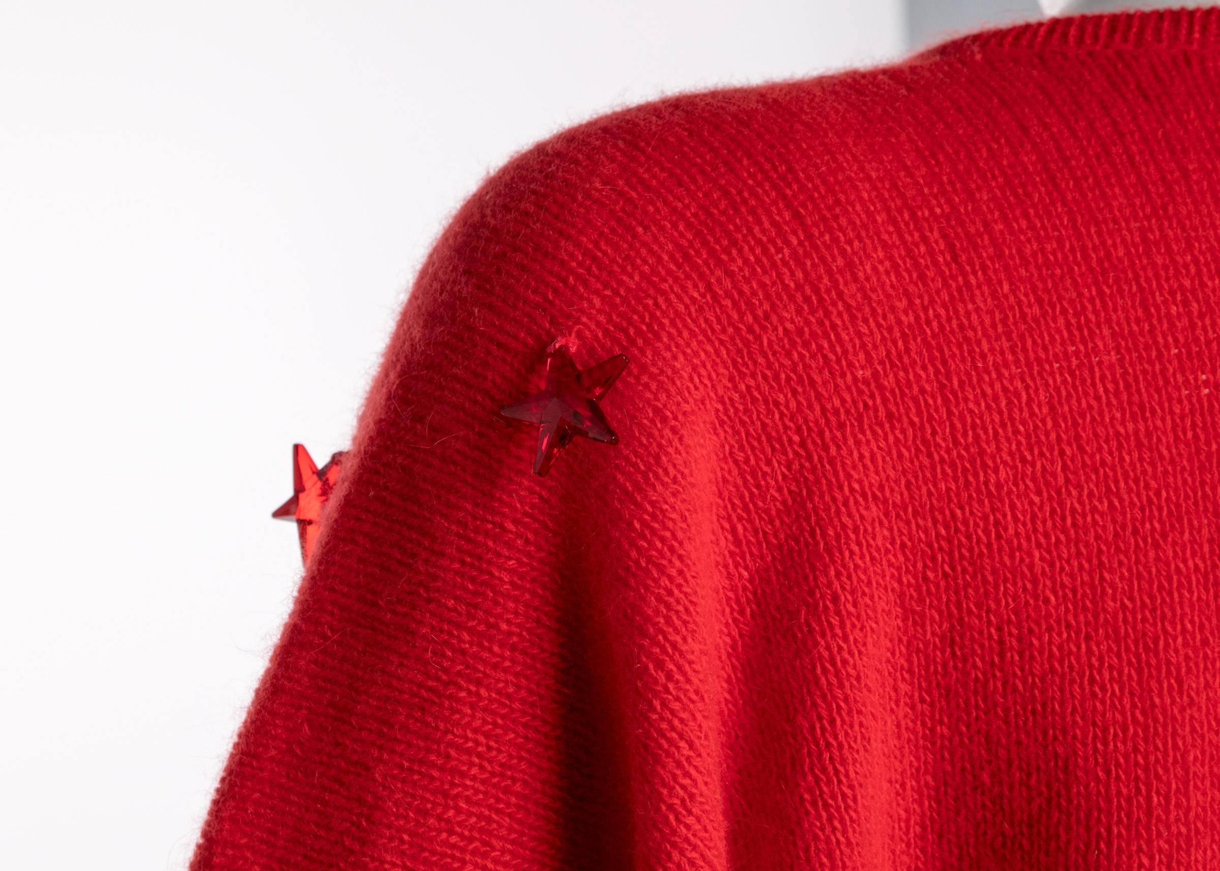 Women's 1980s Krizia Red Wool Angora Lucite Star Beads Sweater For Sale
