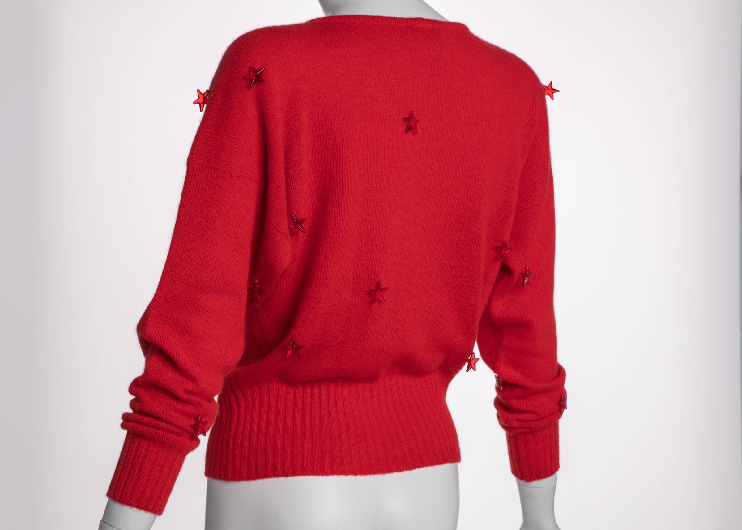 1980s Krizia Red Wool Angora Lucite Star Beads Sweater For Sale 1