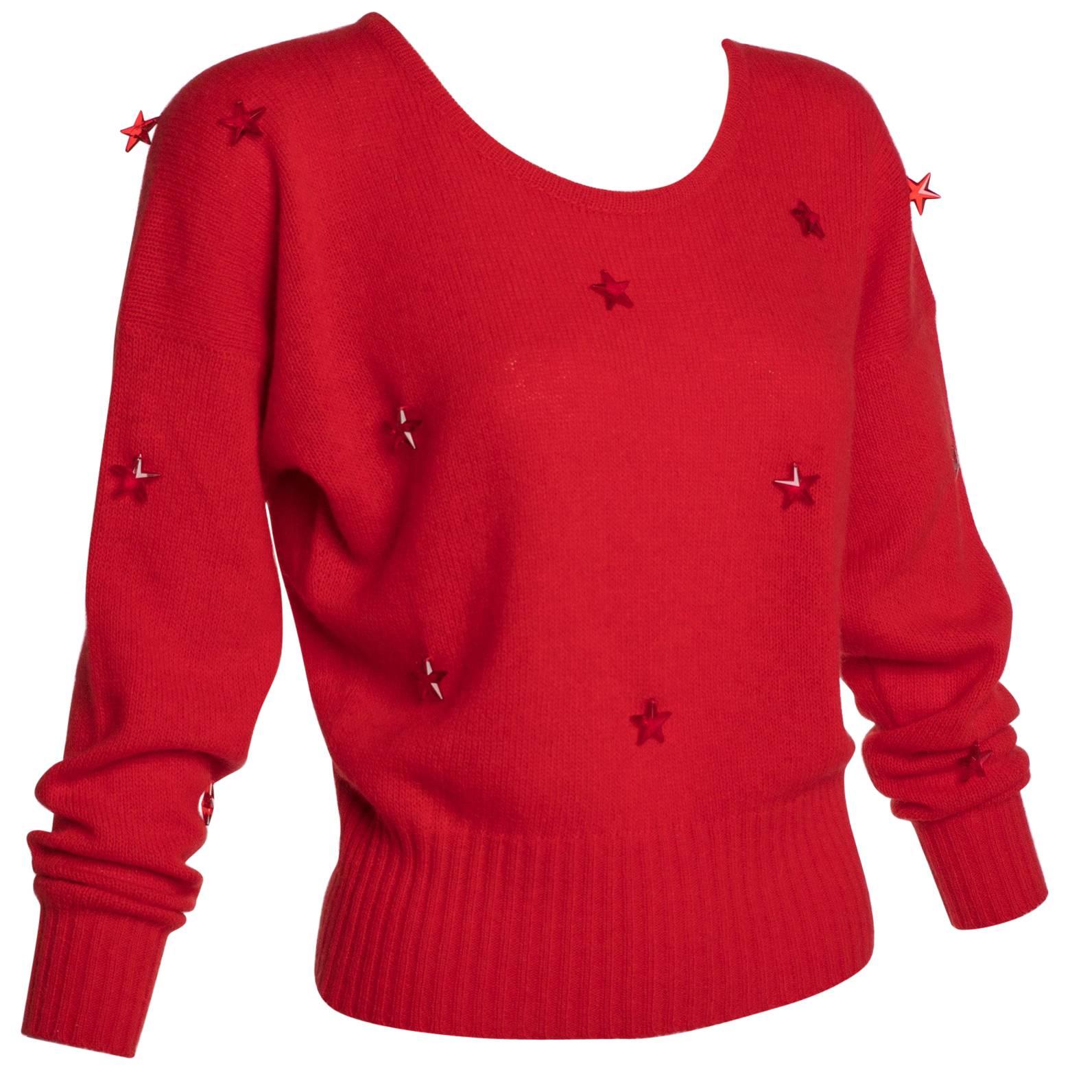 1980s Krizia Red Wool Angora Lucite Star Beads Sweater For Sale