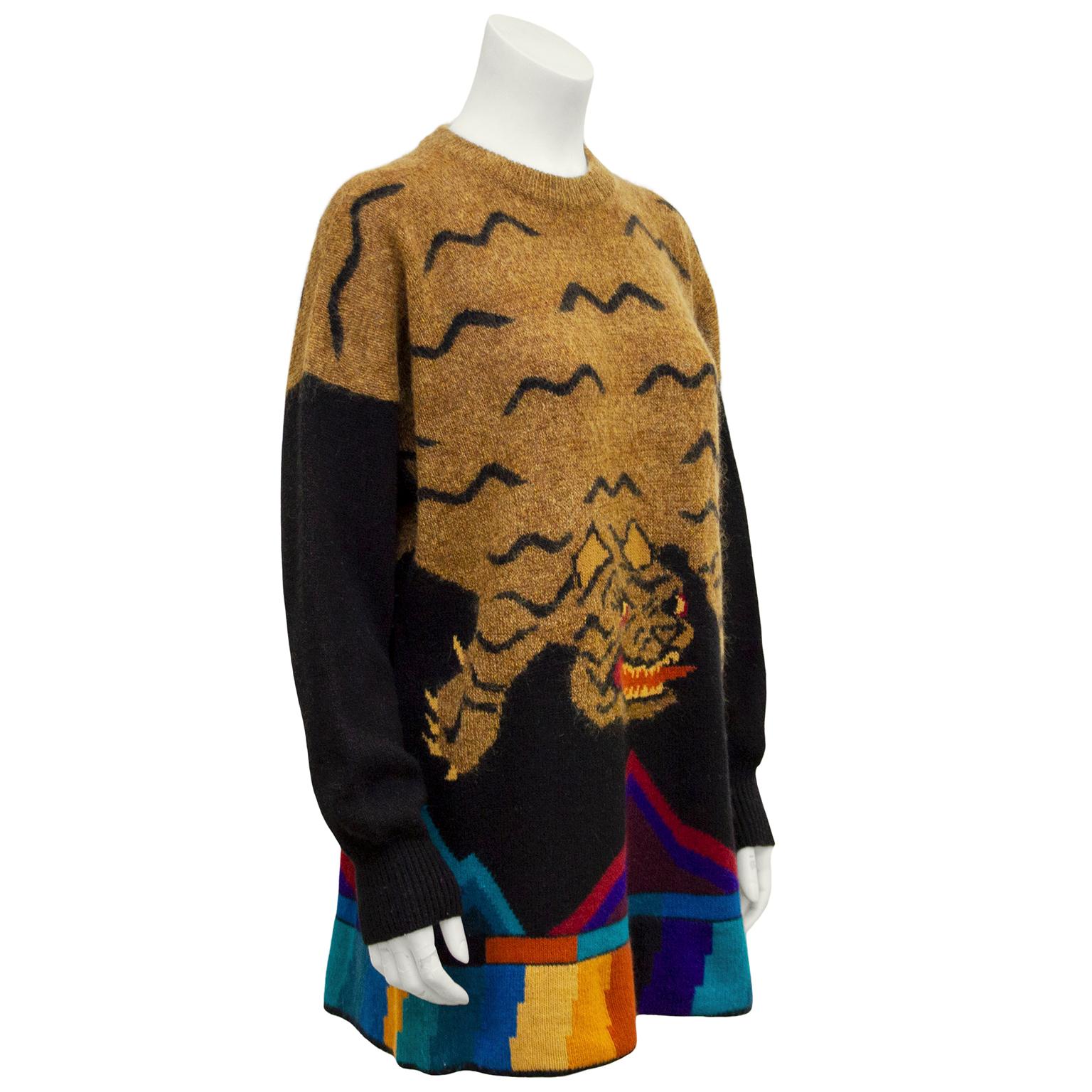 1980s iconic Krizia oversized jungle cat intarsia wool sweater favoured by celebs including the late Princess Diana. Brown and black tiger motif on front and back, as if the tiger is laying over your shoulders. Red, yellow and orange details on