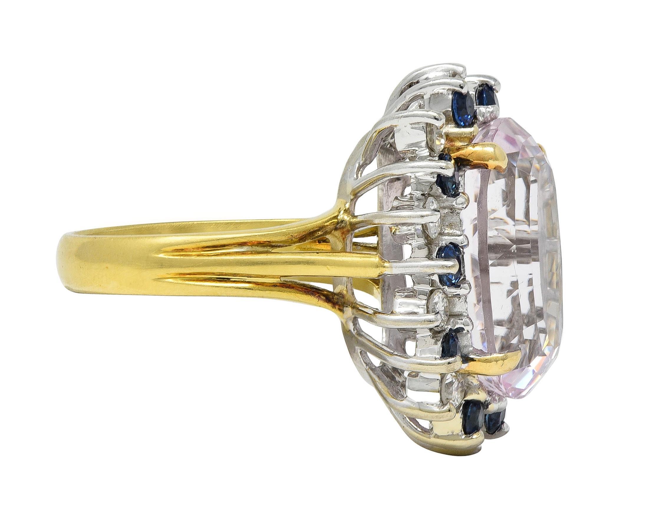 Brilliant Cut 1980's Kunzite Sapphire Diamond 18 Karat Two-Tone Vintage Halo Ring For Sale
