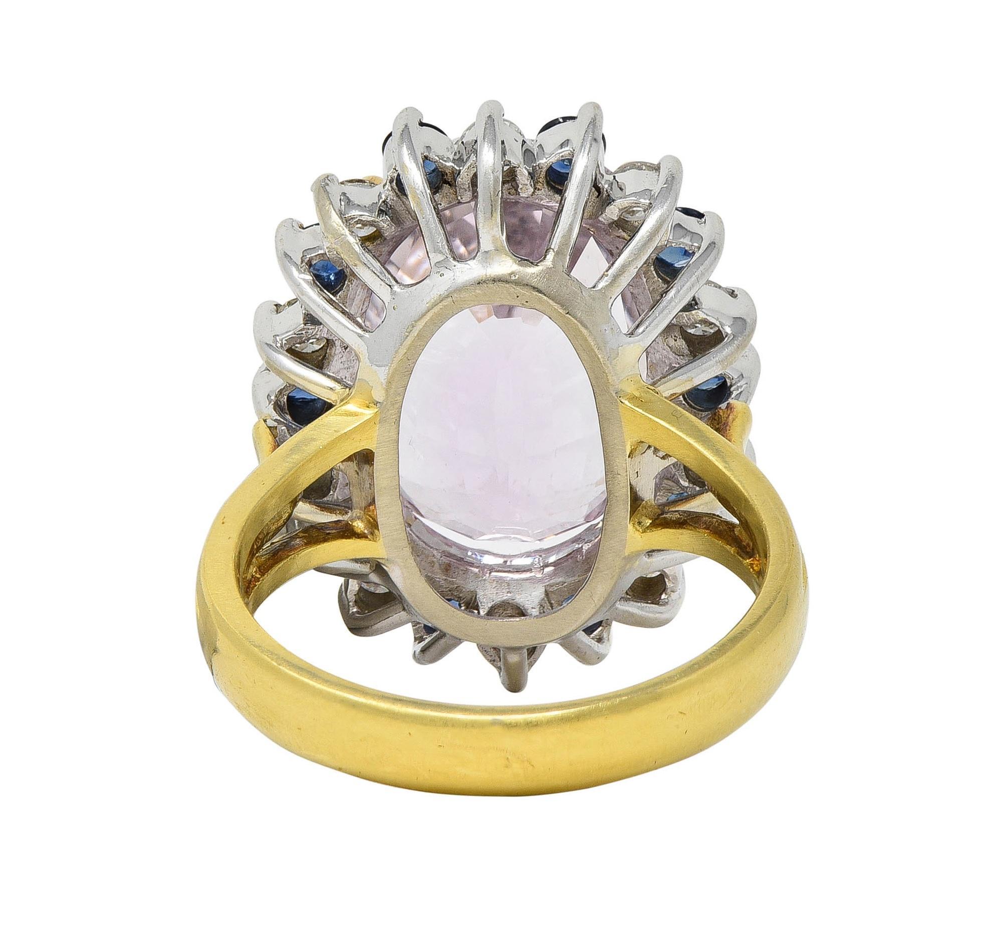 1980's Kunzite Sapphire Diamond 18 Karat Two-Tone Vintage Halo Ring In Excellent Condition For Sale In Philadelphia, PA