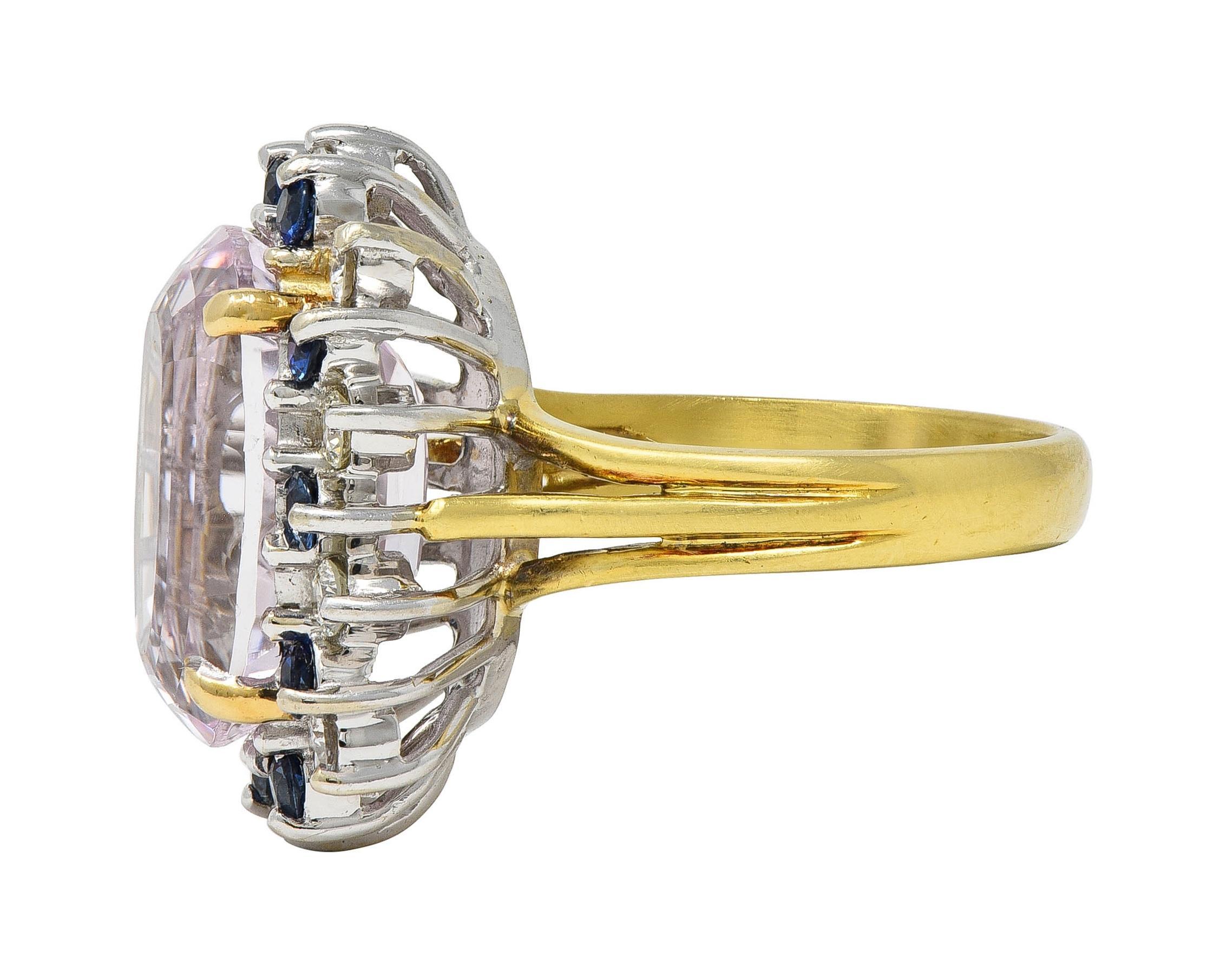Women's or Men's 1980's Kunzite Sapphire Diamond 18 Karat Two-Tone Vintage Halo Ring For Sale