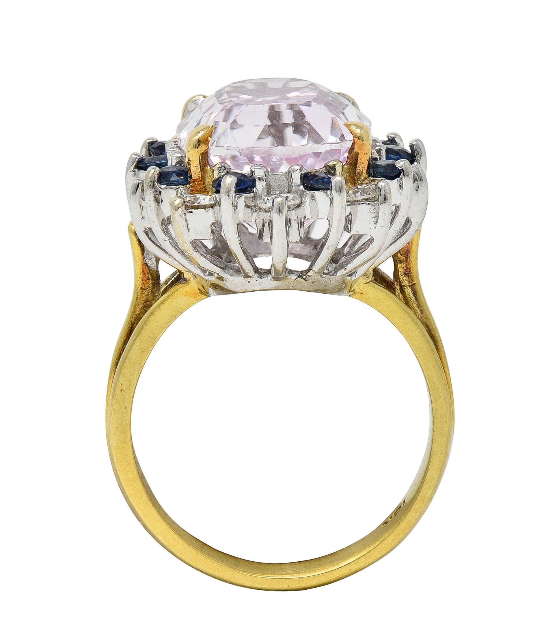 1980's Kunzite Sapphire Diamond 18 Karat Two-Tone Vintage Halo Ring For Sale 2