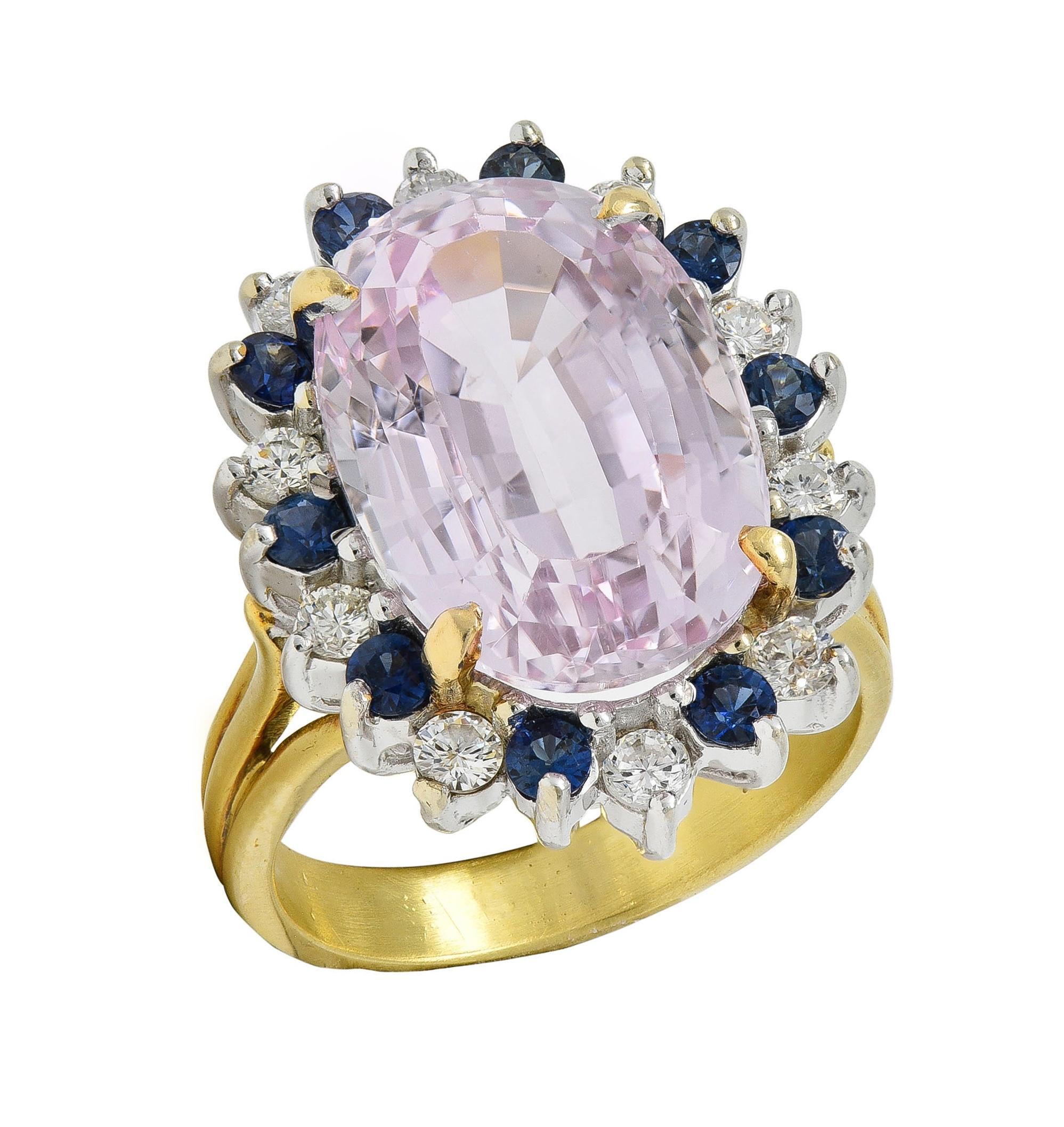 1980's Kunzite Sapphire Diamond 18 Karat Two-Tone Vintage Halo Ring For Sale 3