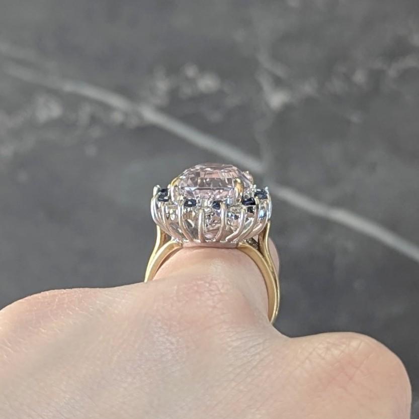 1980's Kunzite Sapphire Diamond 18 Karat Two-Tone Vintage Halo Ring For Sale 4