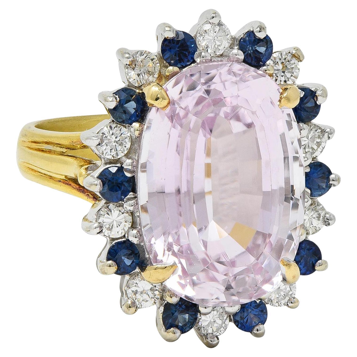 1980's Kunzite Sapphire Diamond 18 Karat Two-Tone Vintage Halo Ring