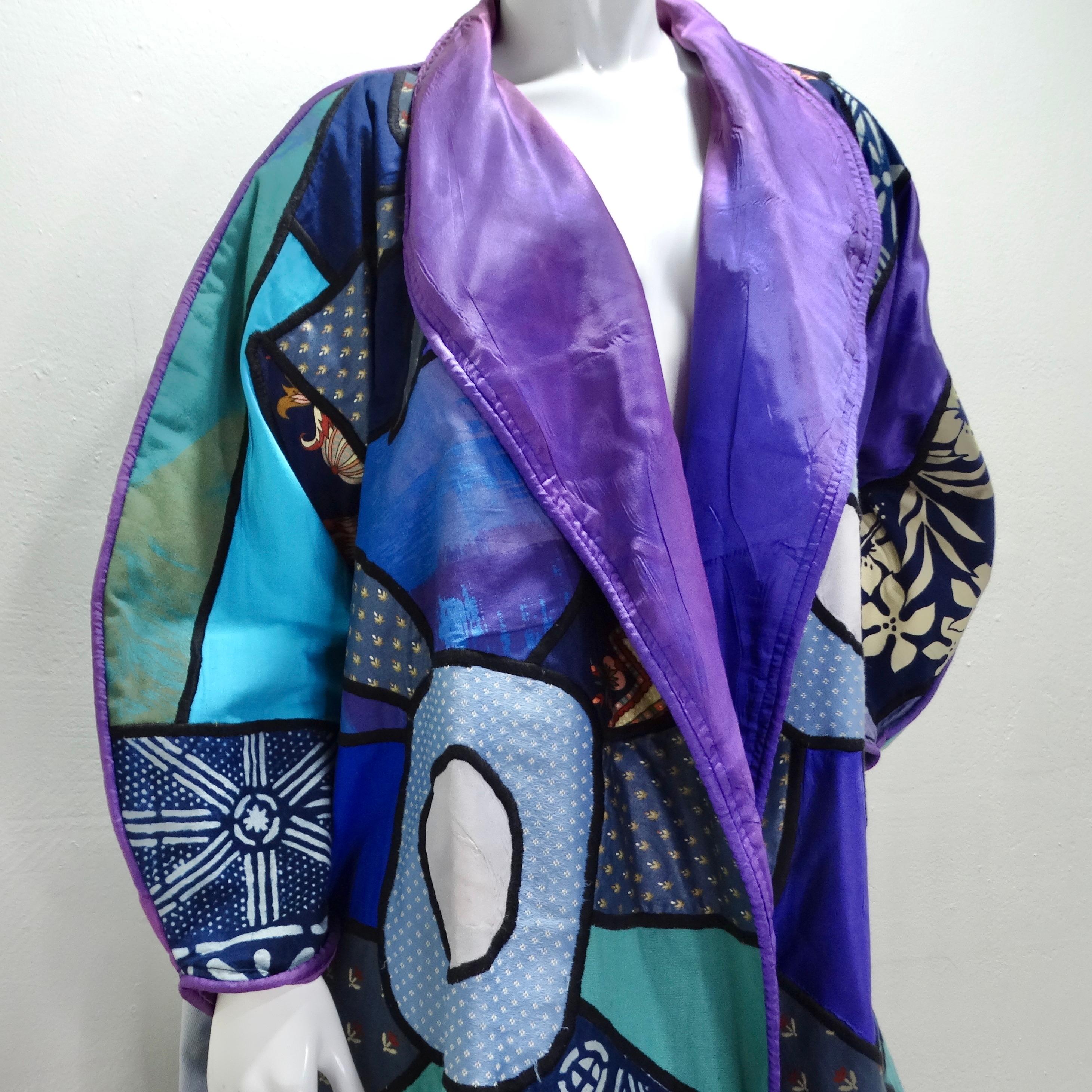 Introducing the 1980s La Colección Judith Roberts Patchwork Coat, a stunning and vibrant statement piece that beautifully combines an eclectic mix of fabrics and textures. This long coat showcases a multicolor patchwork design, incorporating a