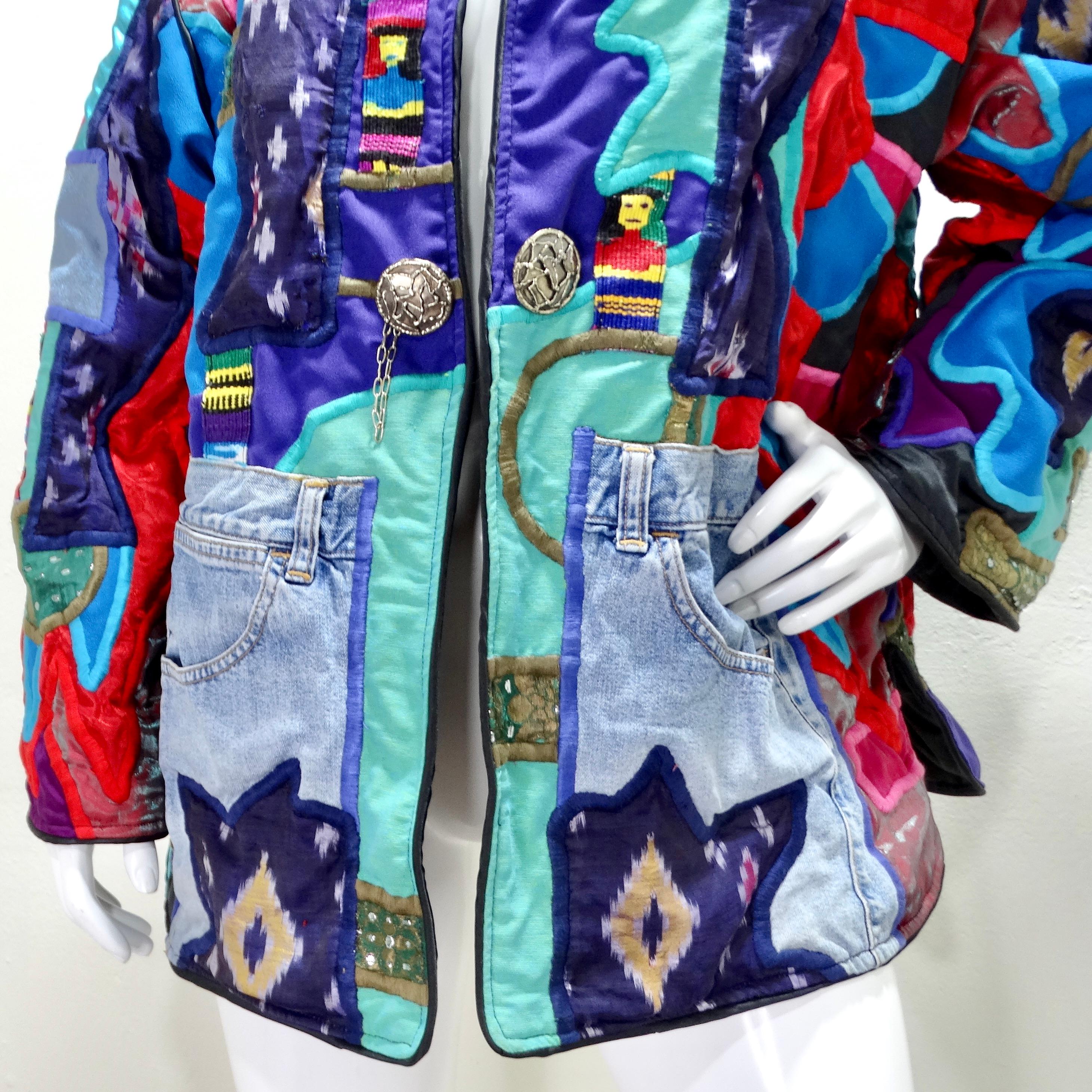 Introducing the 1980s La Colección Judith Roberts Patchwork Jacket, a vibrant and unique statement piece that exudes creativity and craftsmanship. This multicolor patchwork jacket showcases a whimsical design, incorporating a diverse array of woven,
