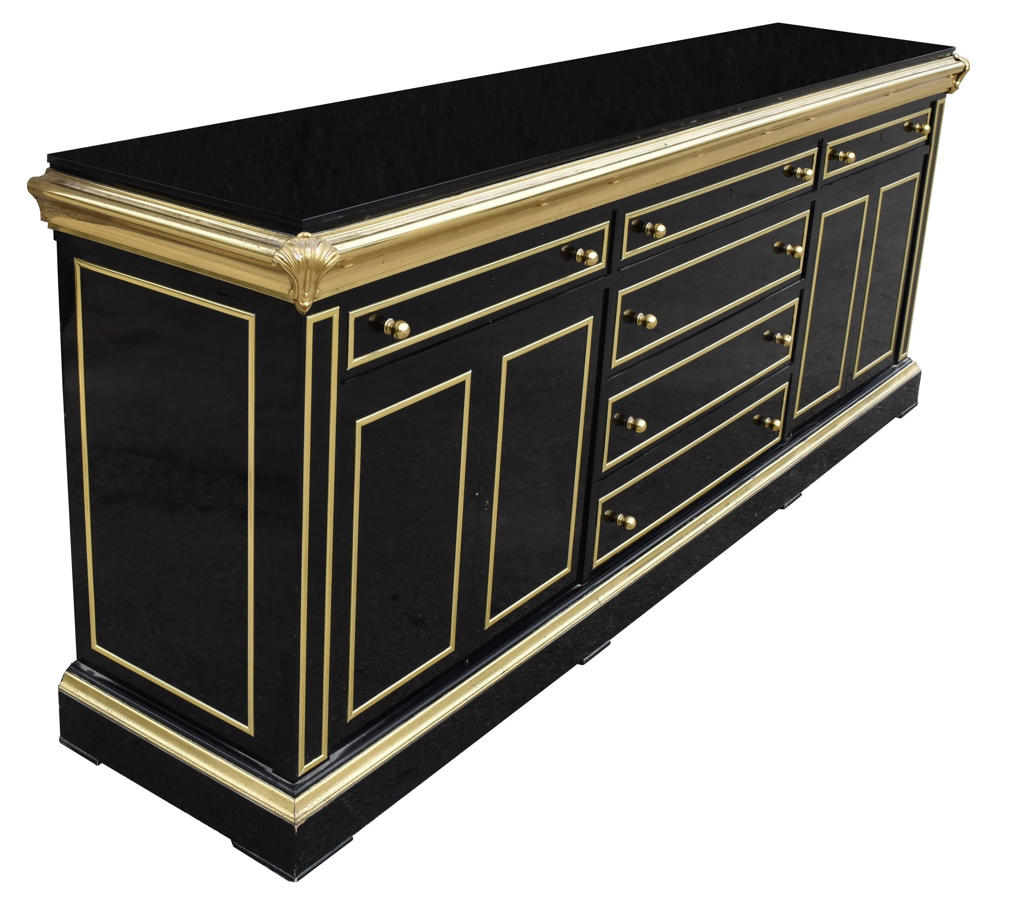 Bronzed 1980s Lacquered Black Sideboard with Bronze Decorations