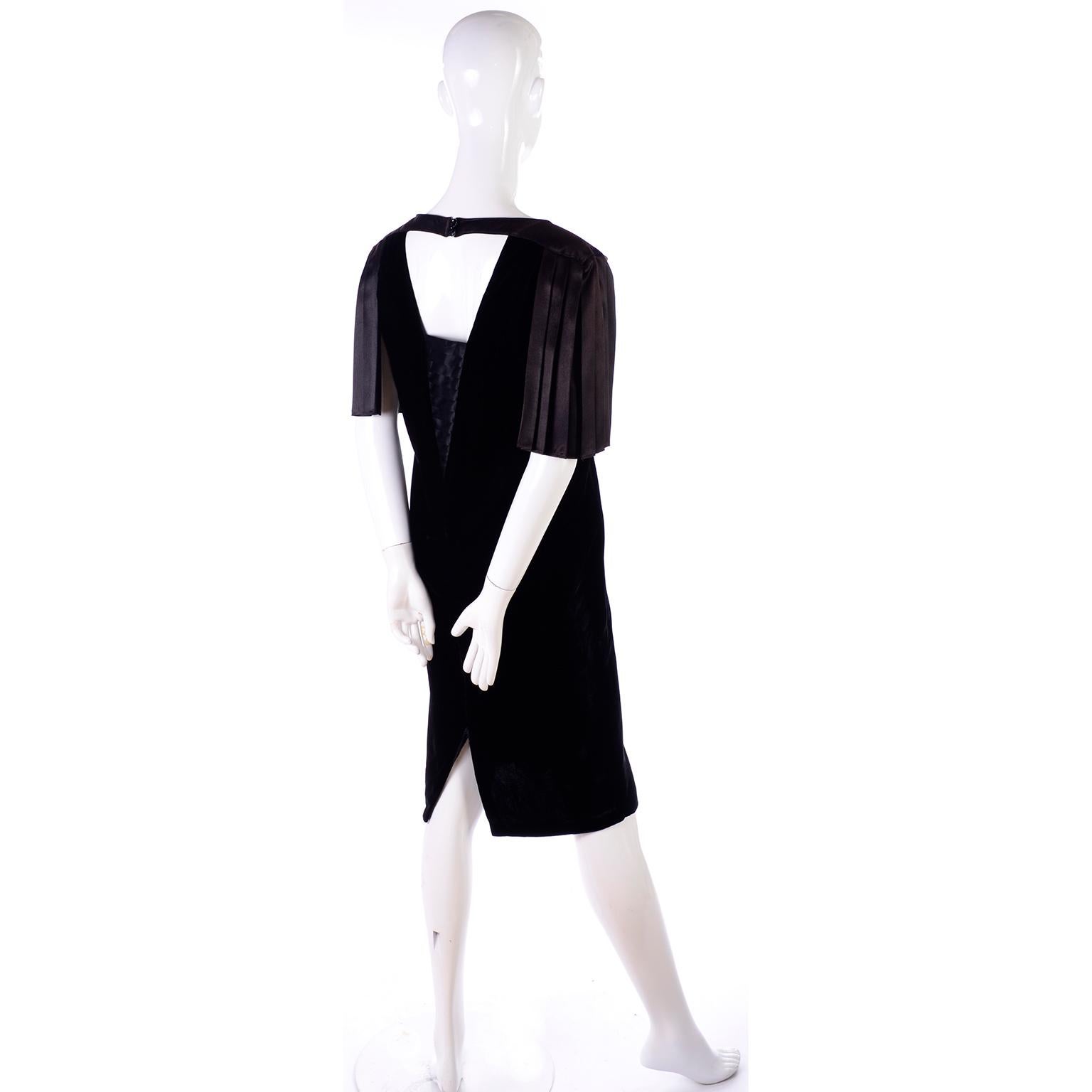 1980s Lady Katie Vintage Black Velvet Dress With Pleated Satin Sleeves 6