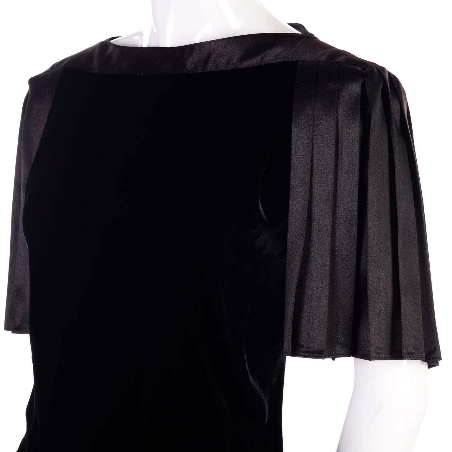 1980s Lady Katie Vintage Black Velvet Dress With Pleated Satin Sleeves 1