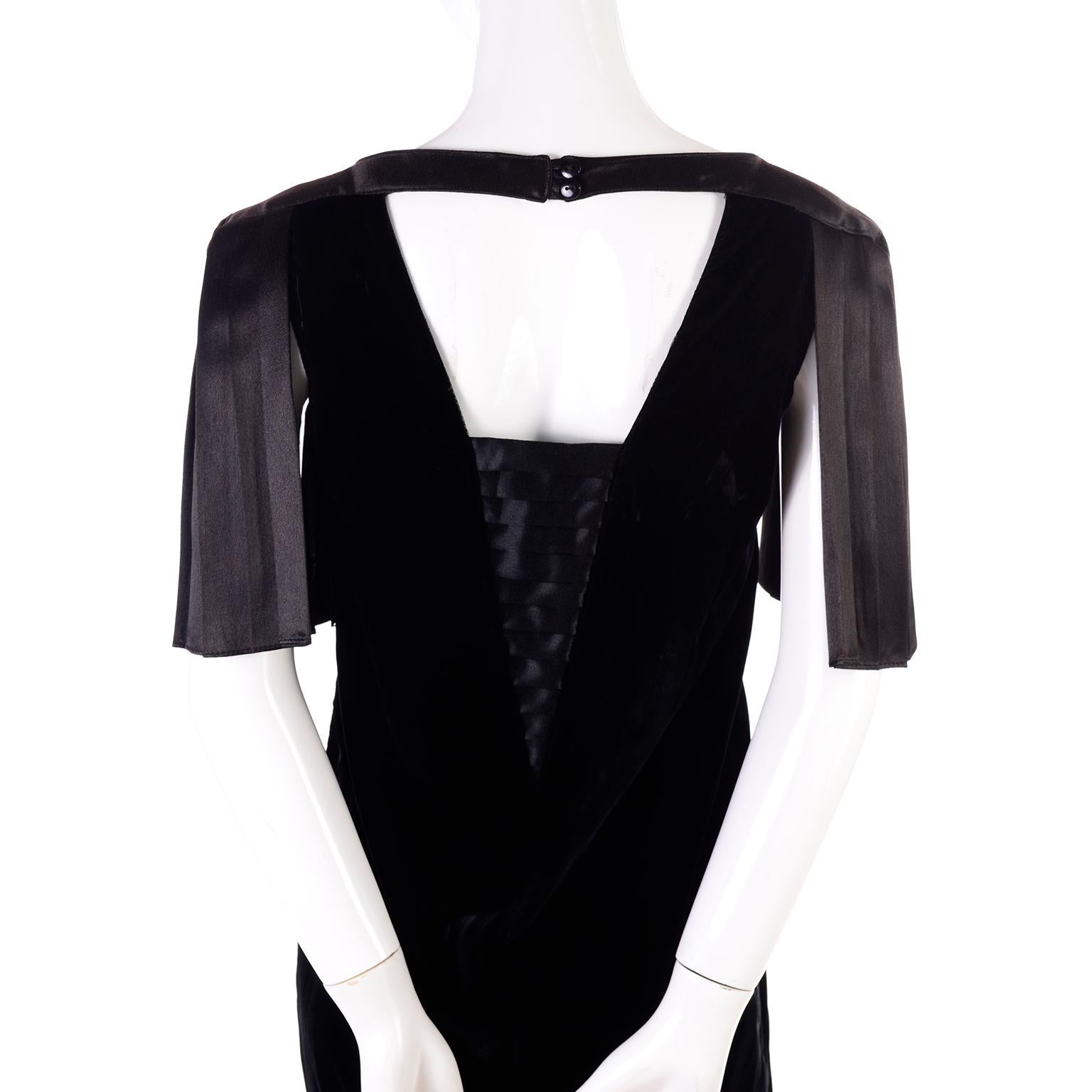 1980s Lady Katie Vintage Black Velvet Dress With Pleated Satin Sleeves 2