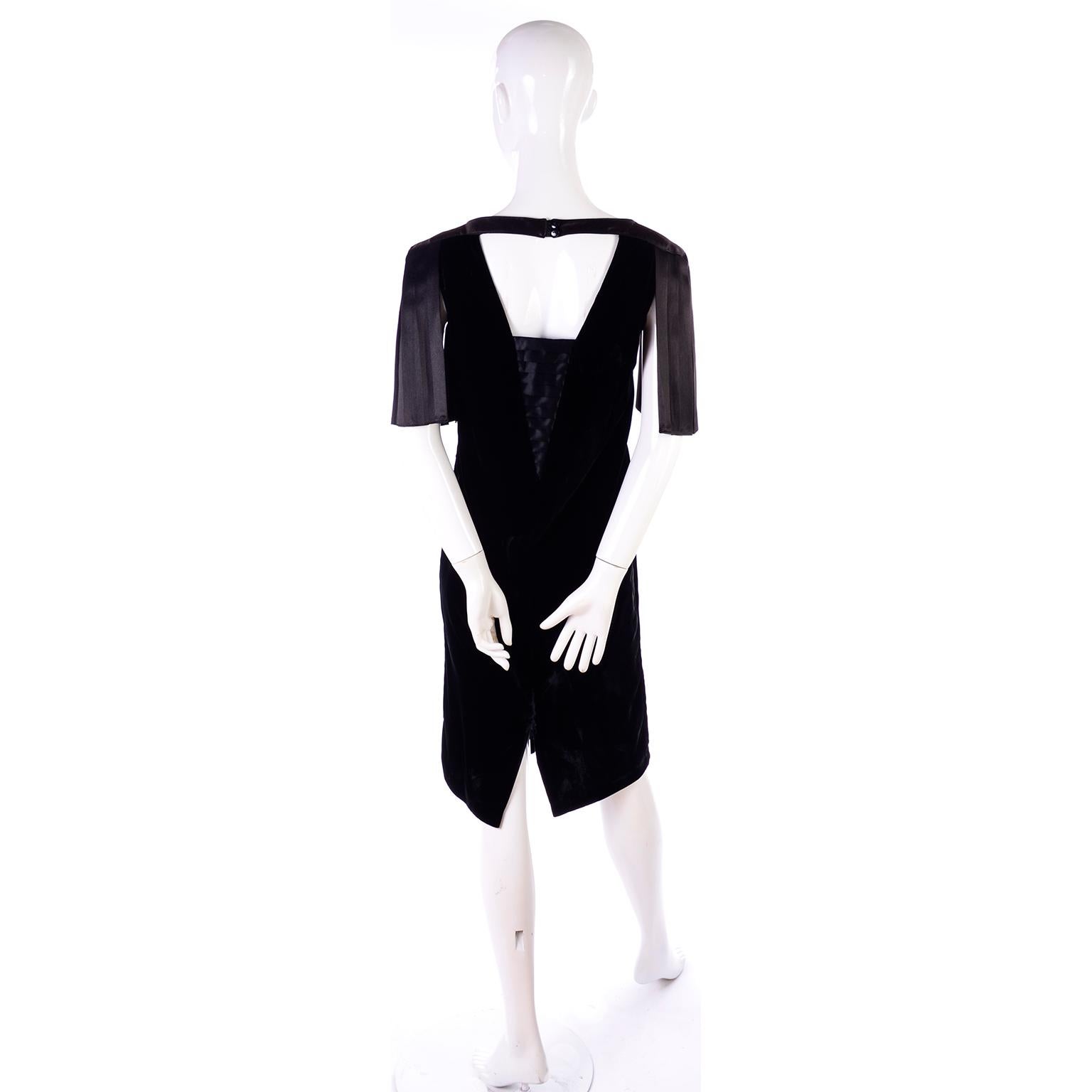 1980s Lady Katie Vintage Black Velvet Dress With Pleated Satin Sleeves 4