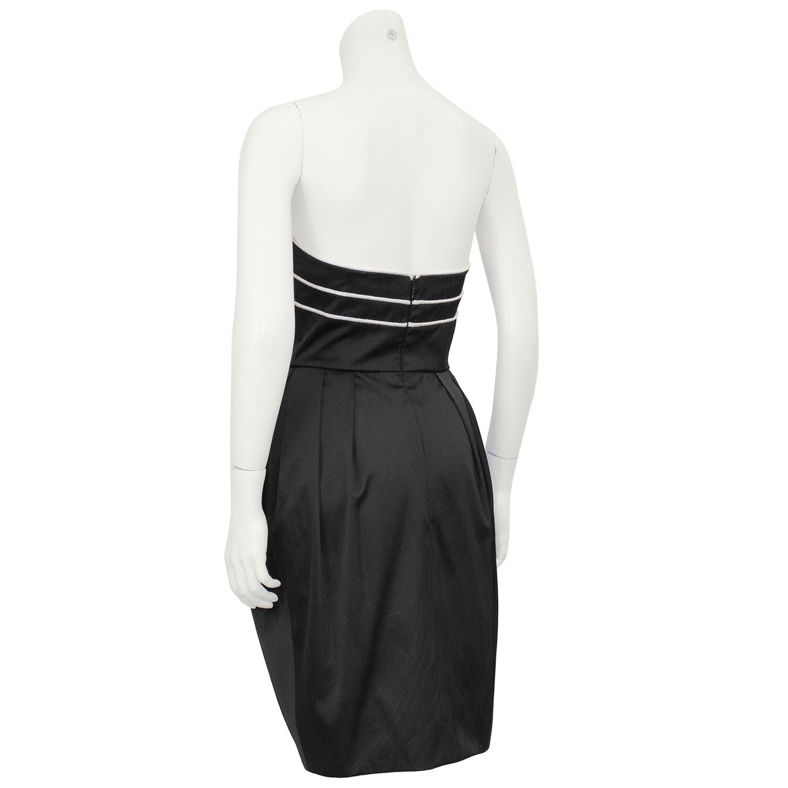 1980s Lanvin Black Satin Cocktail Dress with White Piping In Good Condition For Sale In Toronto, Ontario