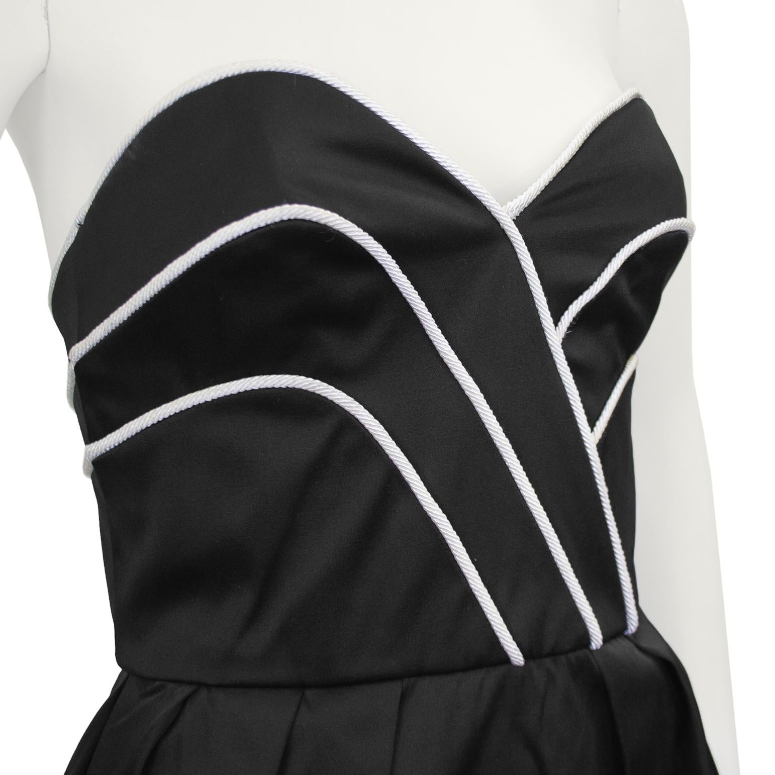 Women's 1980s Lanvin Black Satin Cocktail Dress with White Piping For Sale