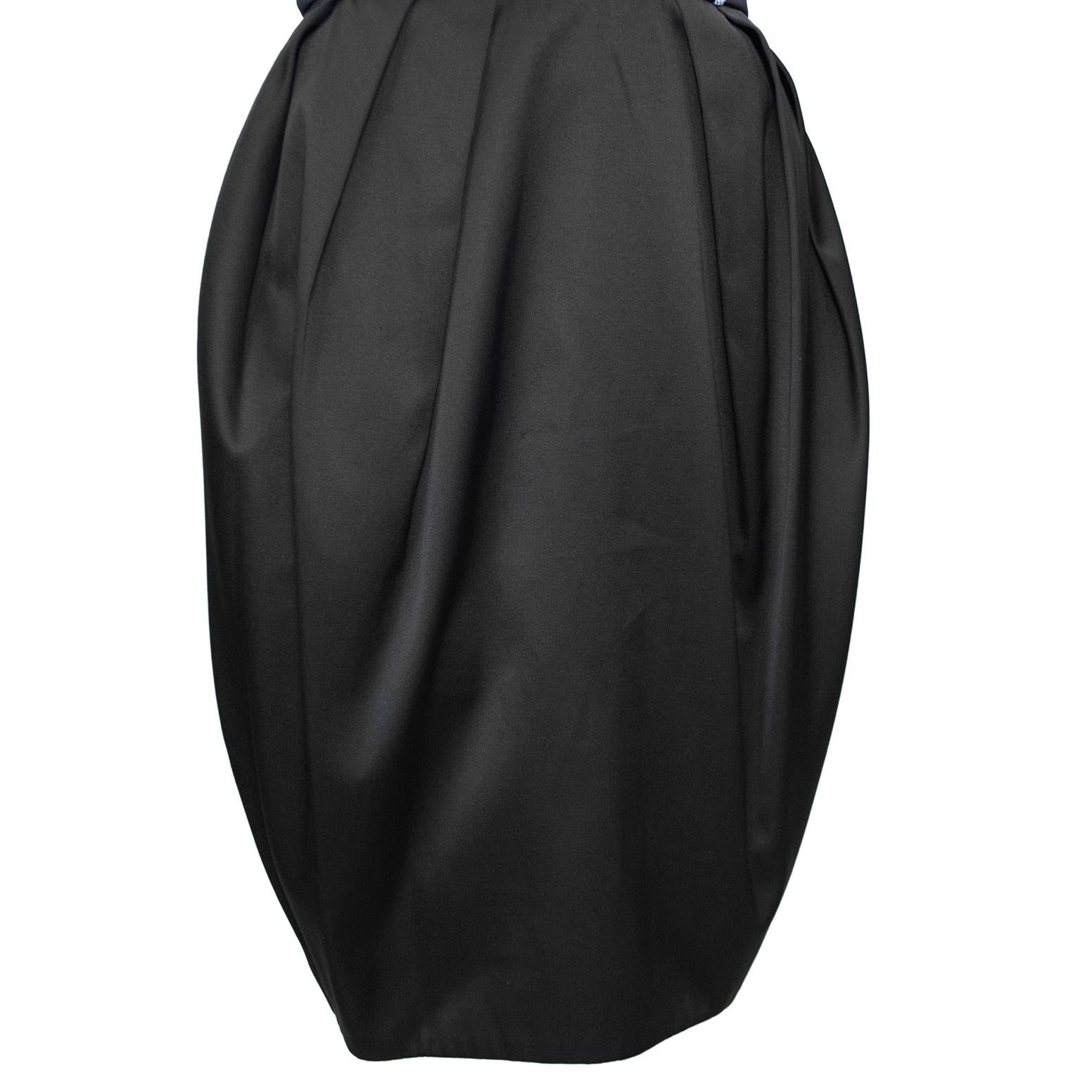 1980s Lanvin Black Satin Cocktail Dress with White Piping For Sale 1
