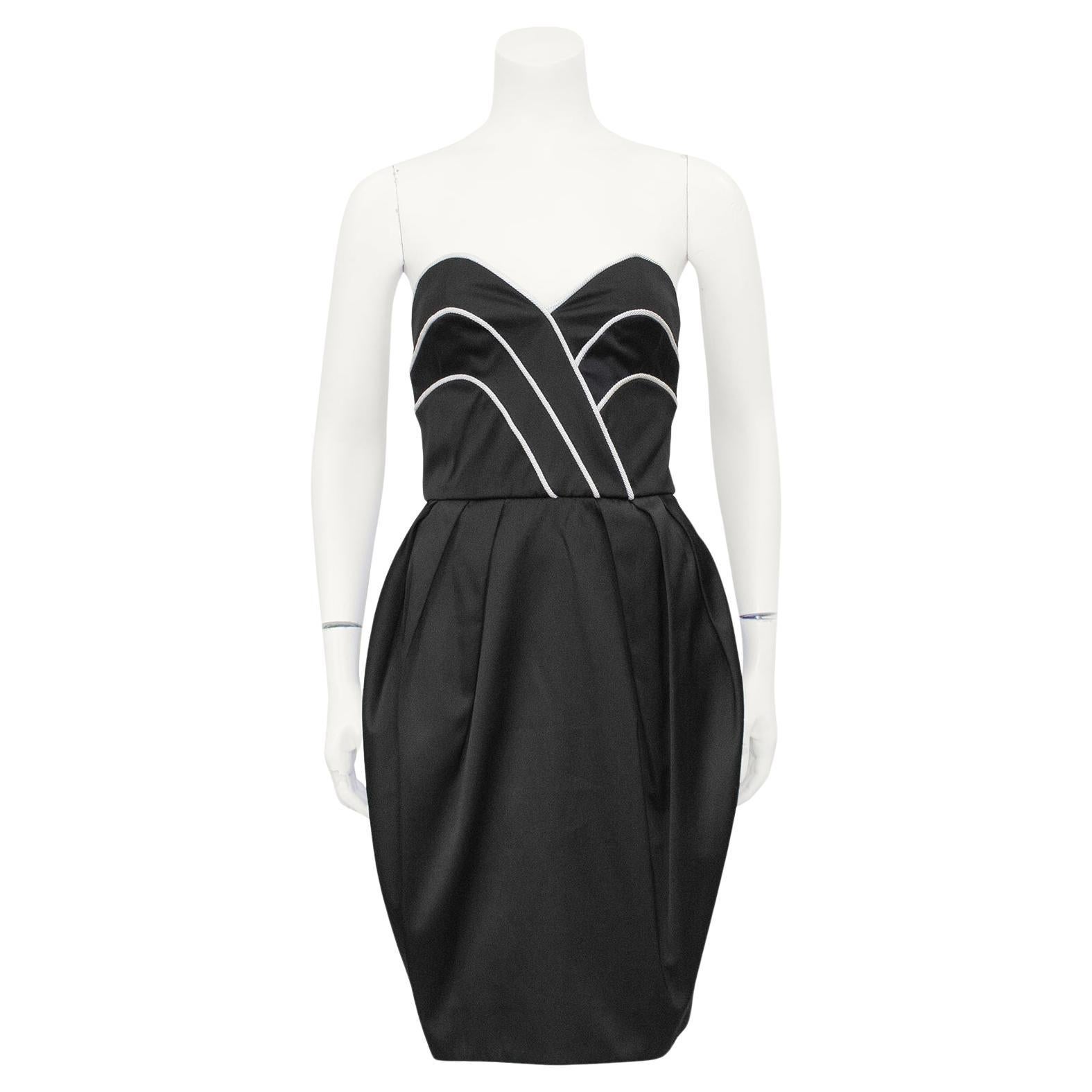 1980s Lanvin Black Satin Cocktail Dress with White Piping For Sale