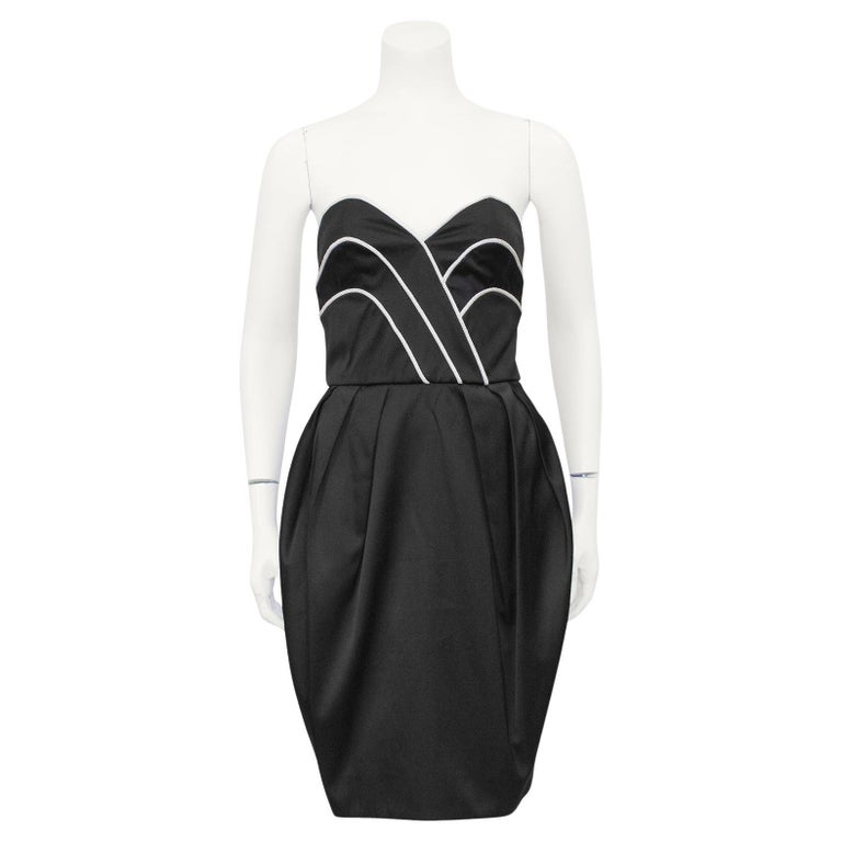 1980s Lanvin Black Satin Cocktail Dress with White Piping For Sale at  1stDibs