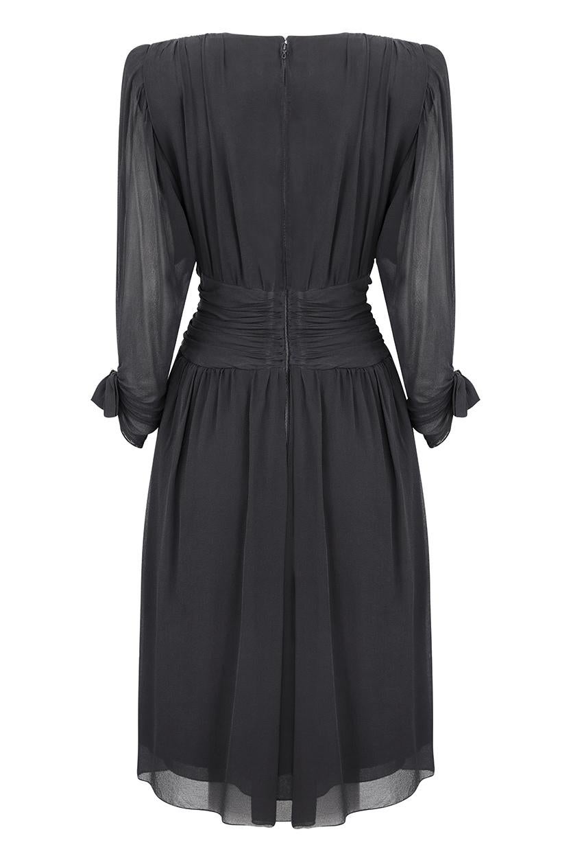 1980s Lanvin Black Silk Chiffon Pleated Dress With Bow Embellishment In Excellent Condition In London, GB