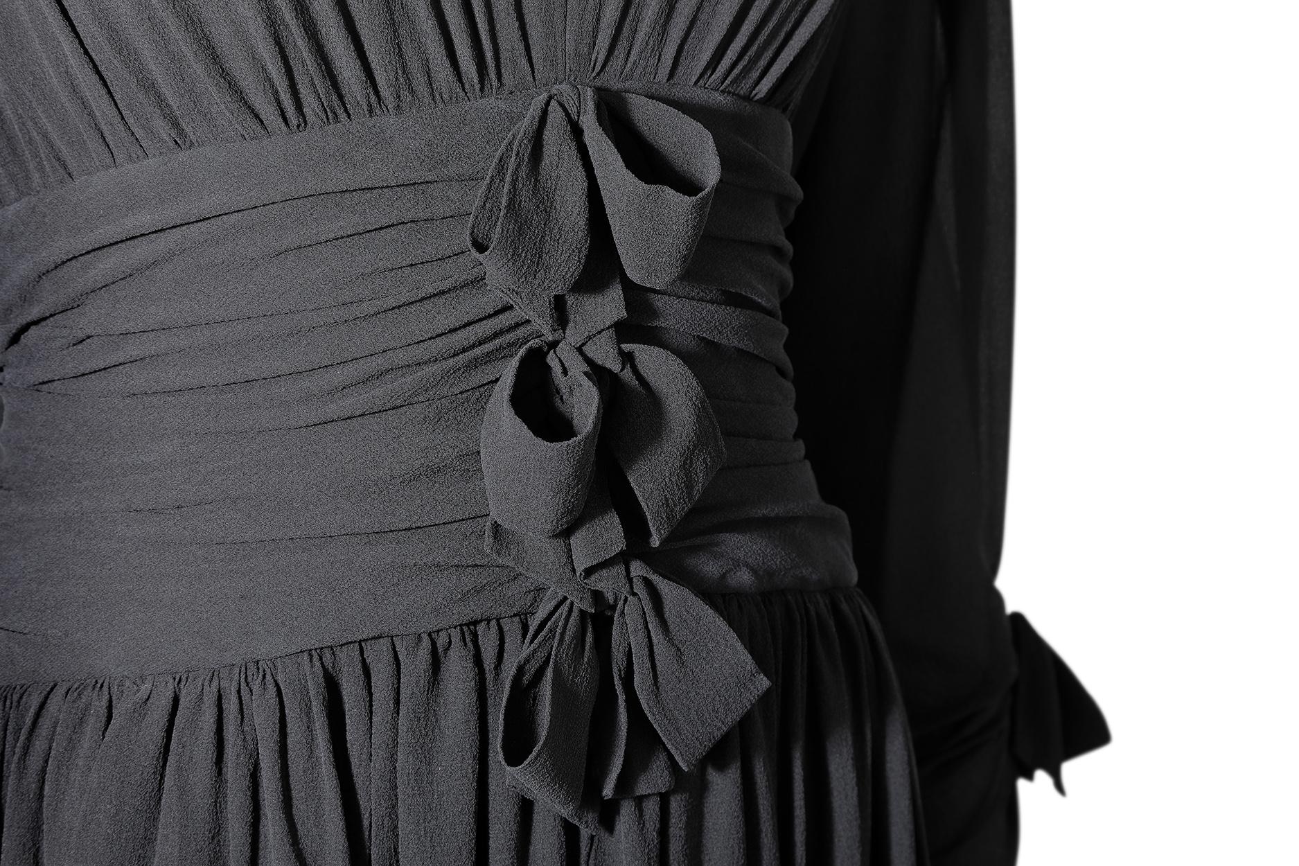 Women's 1980s Lanvin Black Silk Chiffon Pleated Dress With Bow Embellishment