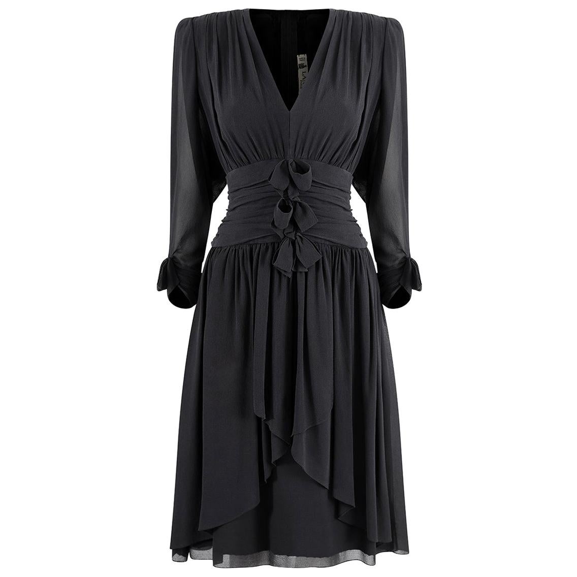 1980s Lanvin Black Silk Chiffon Pleated Dress With Bow Embellishment