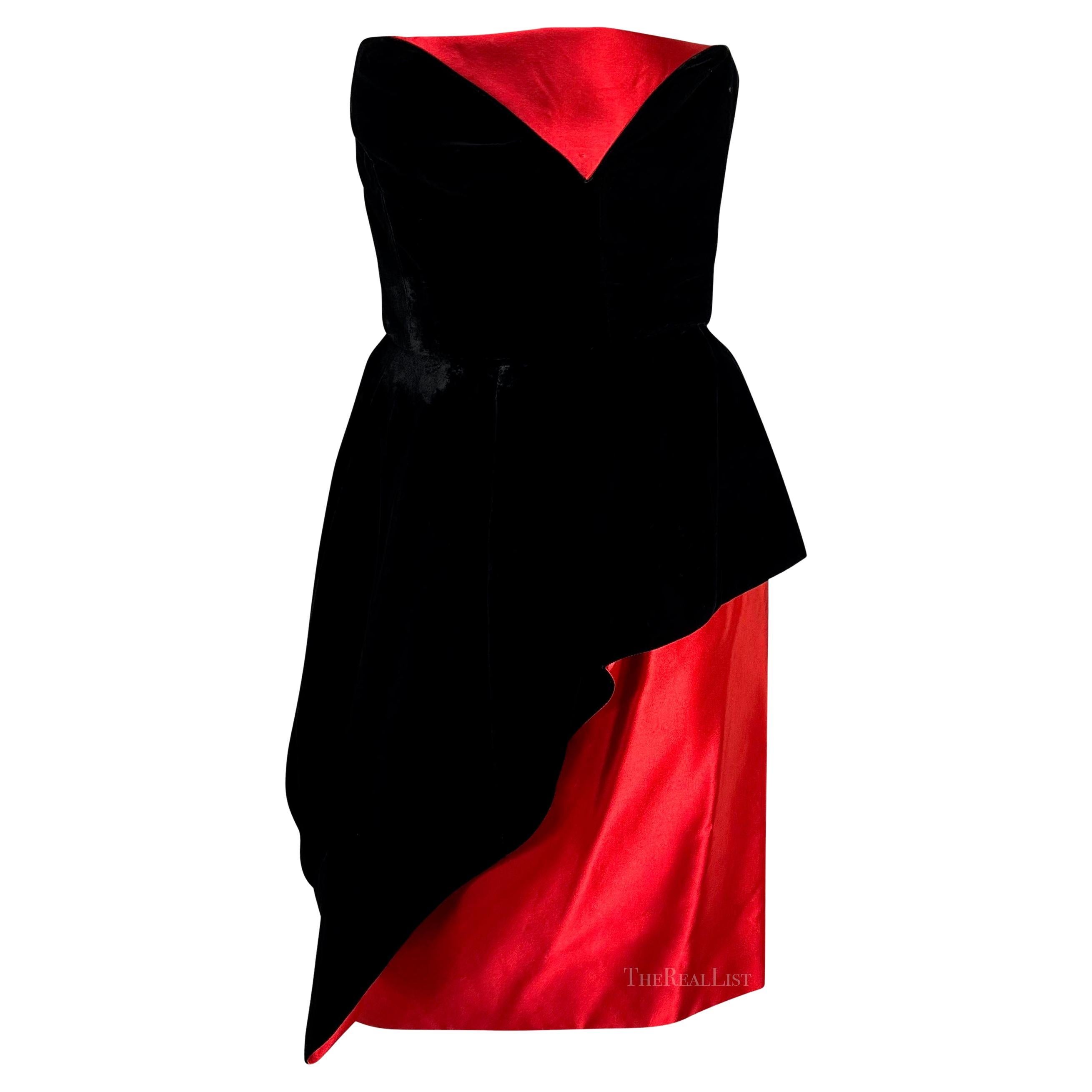 TheRealList presents: a fabulous black and red Lanvin mini dress. From the 1980s, this incredible mini dress is constructed of rich black velvet with a bright red silk satin lining that eclipses the red satin skirt. The top of the dress features a