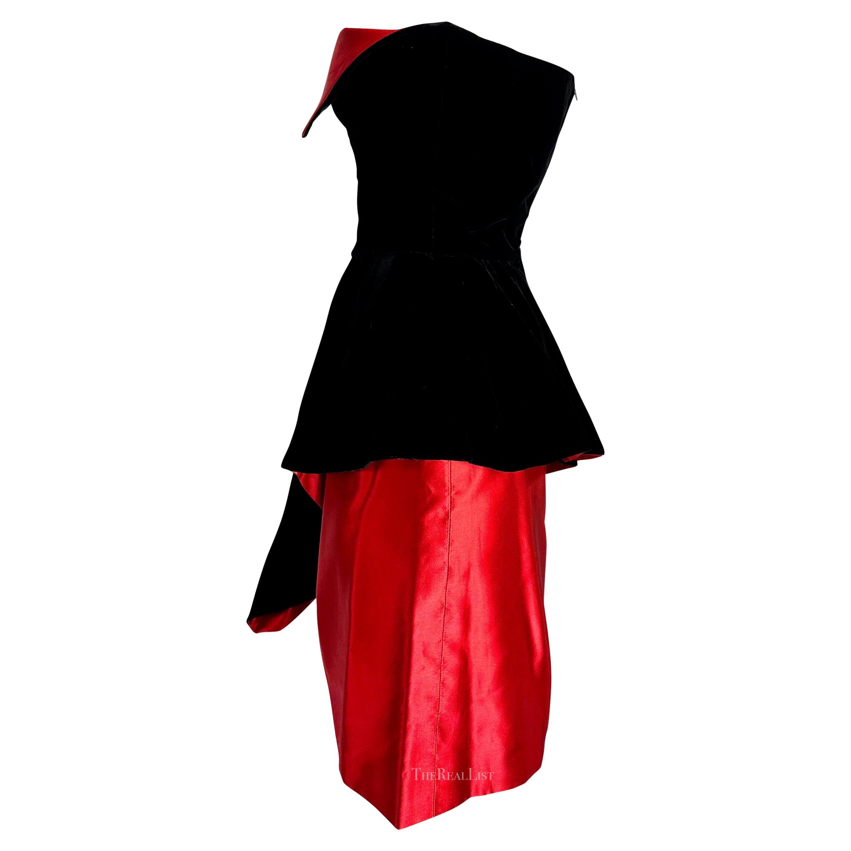 1980s Lanvin Black Velvet Red Satin Asymmetric Handkerchief Strapless Dress In Excellent Condition In West Hollywood, CA
