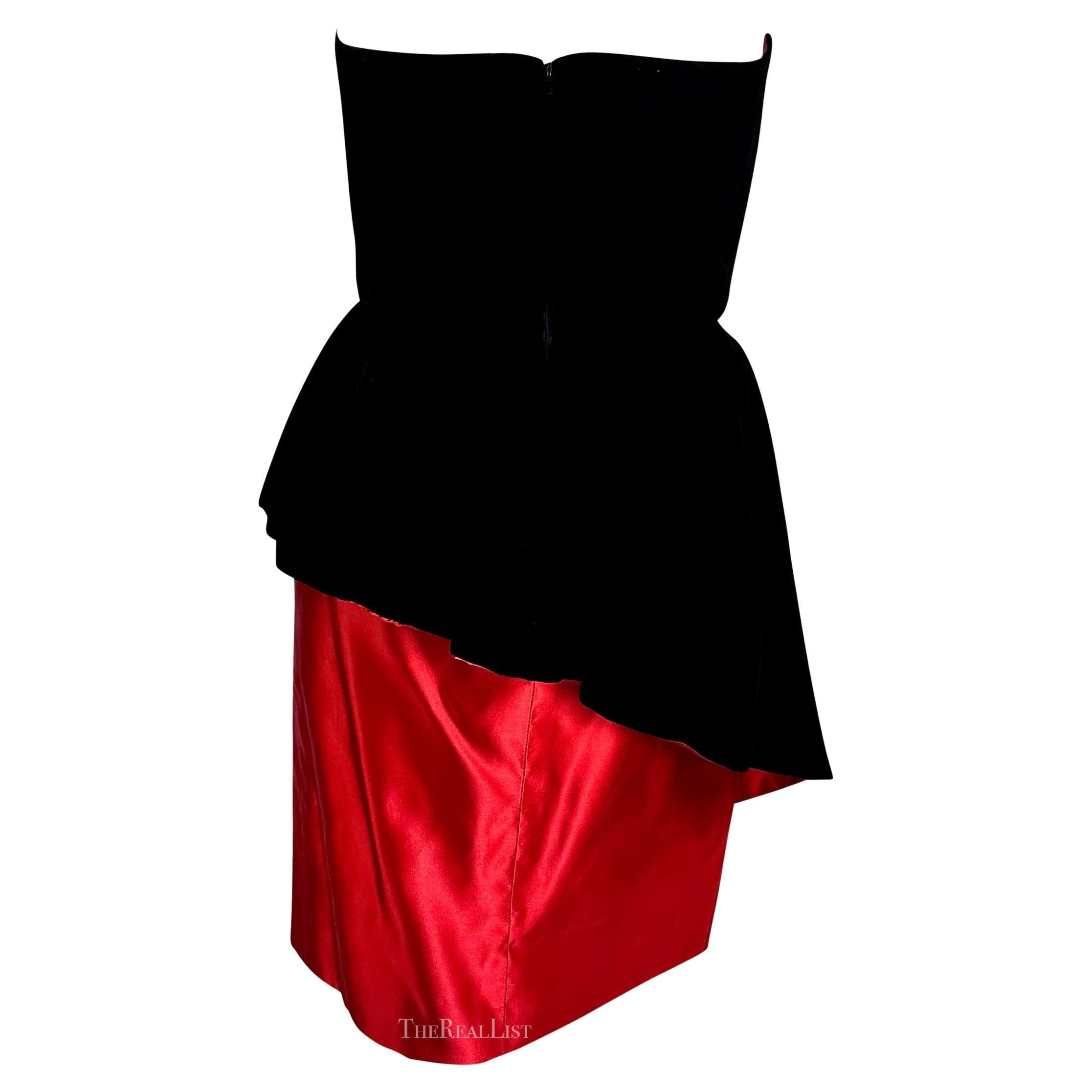 Women's 1980s Lanvin Black Velvet Red Satin Asymmetric Handkerchief Strapless Dress