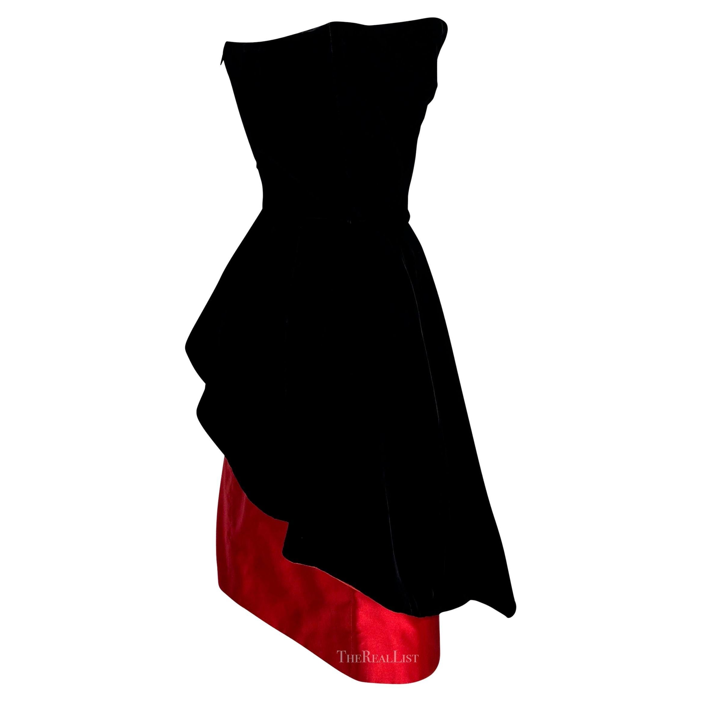 1980s Lanvin Black Velvet Red Satin Asymmetric Handkerchief Strapless Dress 1