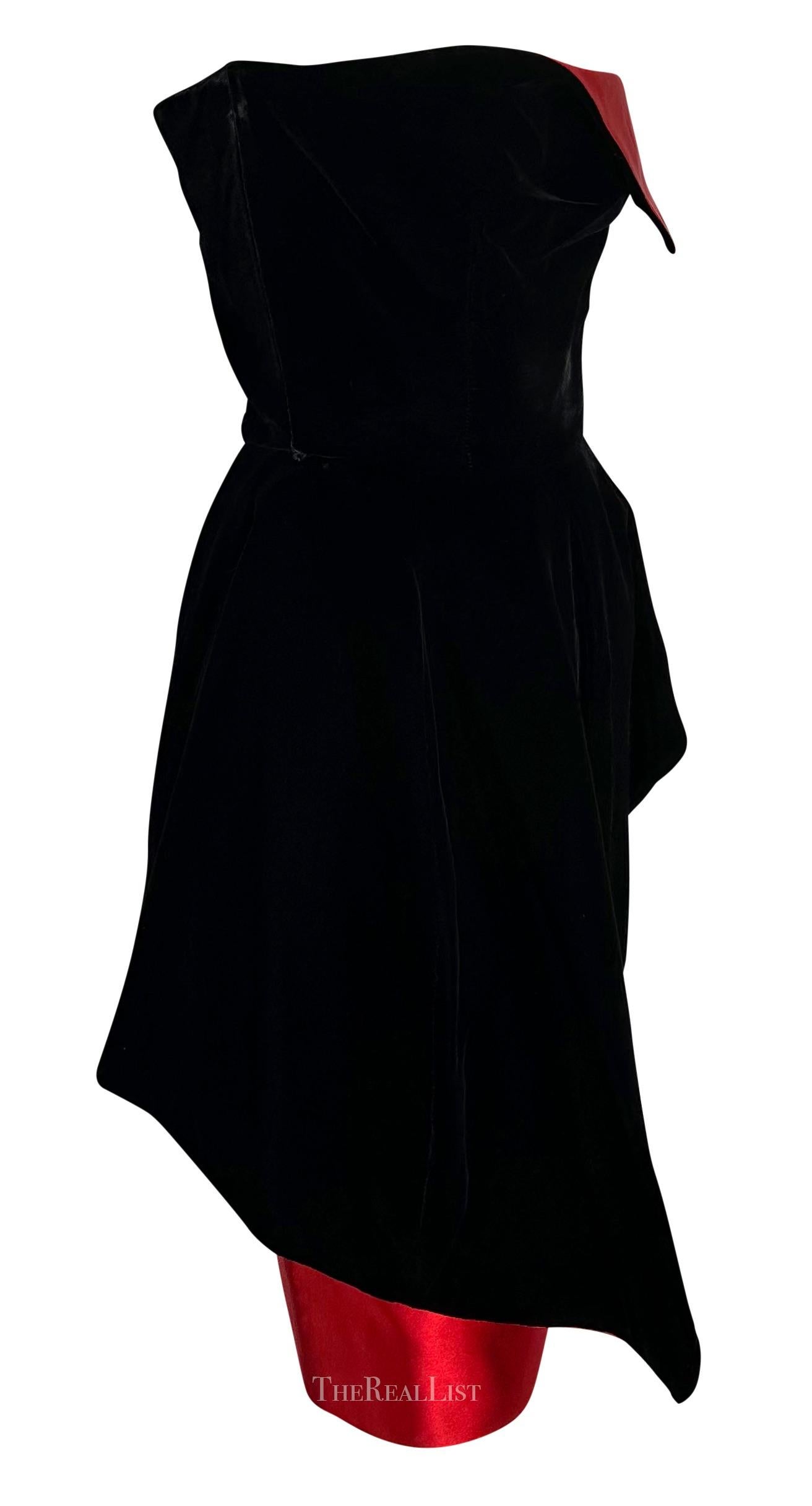 1980s Lanvin Black Velvet Red Satin Asymmetric Handkerchief Strapless Dress 2