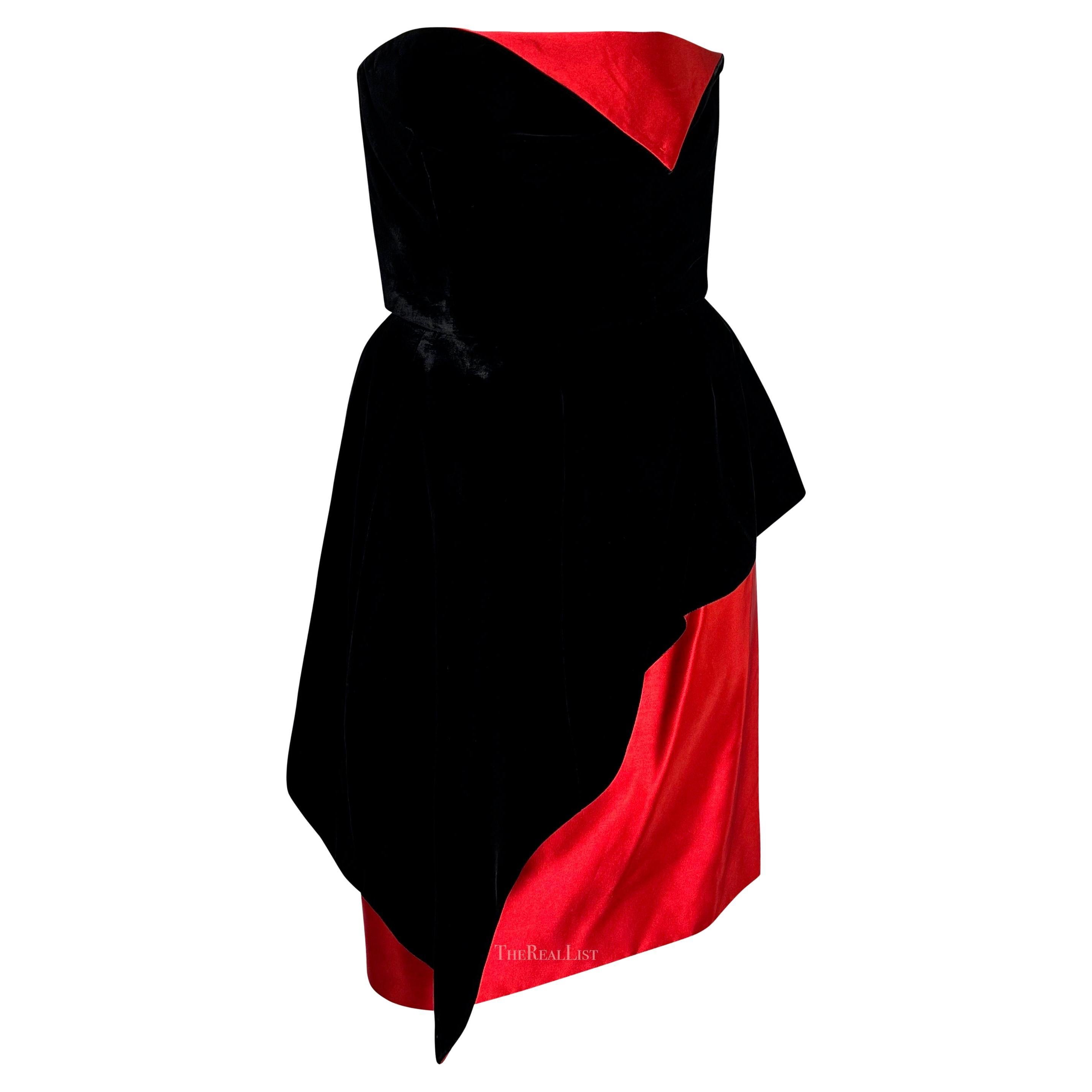 1980s Lanvin Black Velvet Red Satin Asymmetric Handkerchief Strapless Dress