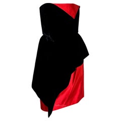 1980s Lanvin Black Velvet Red Satin Asymmetric Handkerchief Strapless Dress
