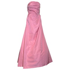 1980 Lanvin Bubblegum Pink Strapless Silk Taffeta Gown w Divine Ruching & Tucks