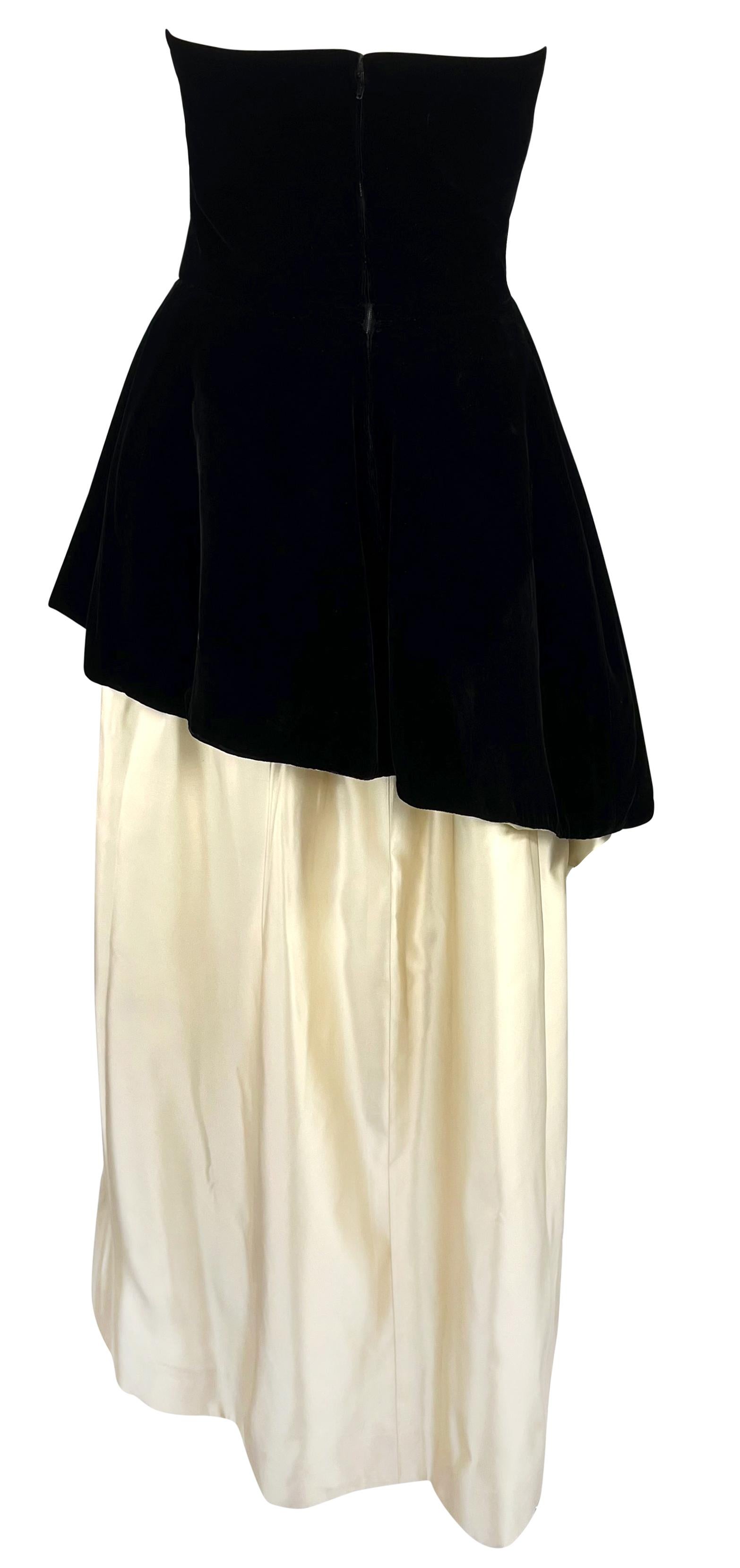 Women's 1980s Lanvin Demi Couture Black Velvet White Silk Satin Strapless Gown